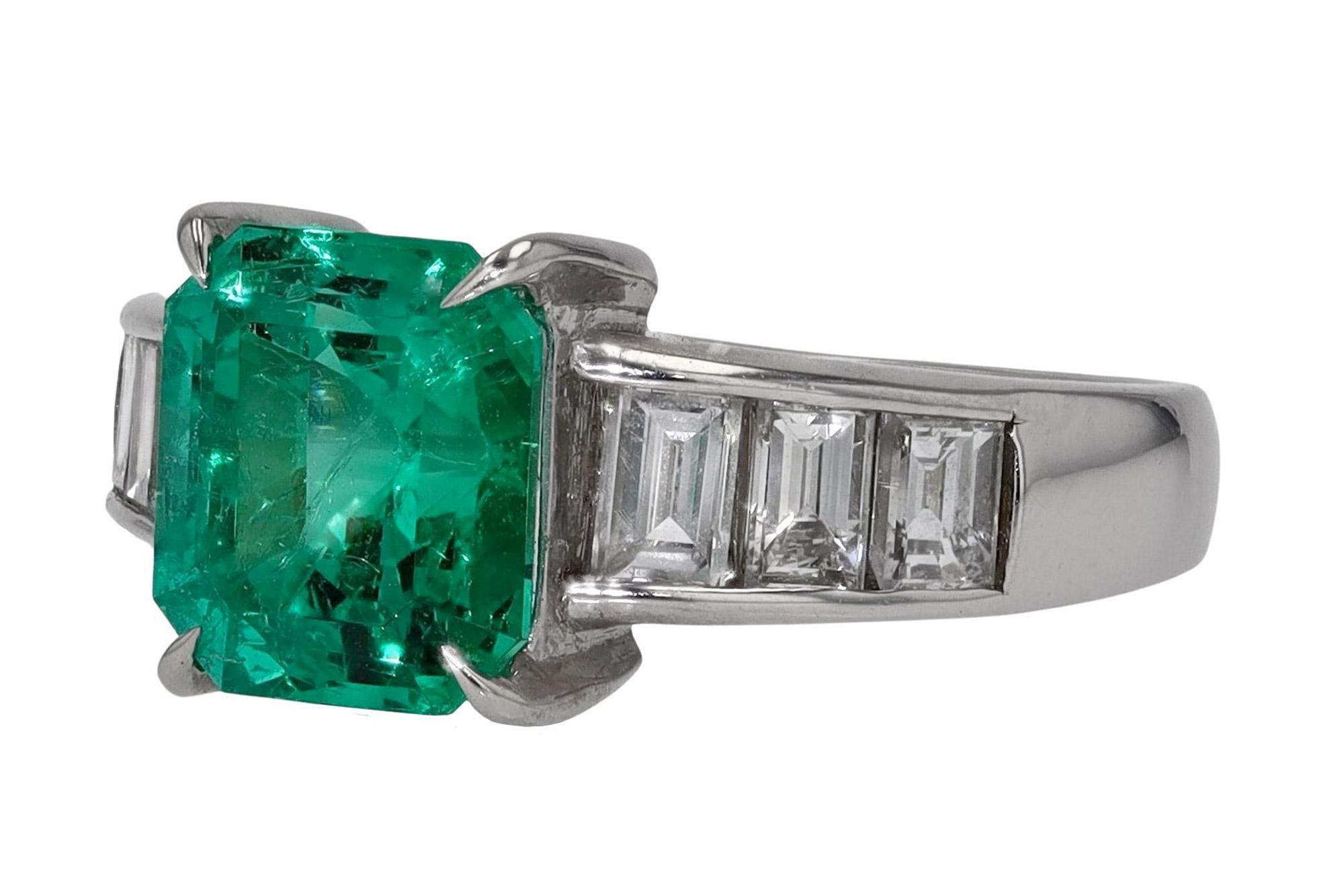 Emerald Cut AGL Certified 2.55 Carat Colombian Emerald Diamond Ring