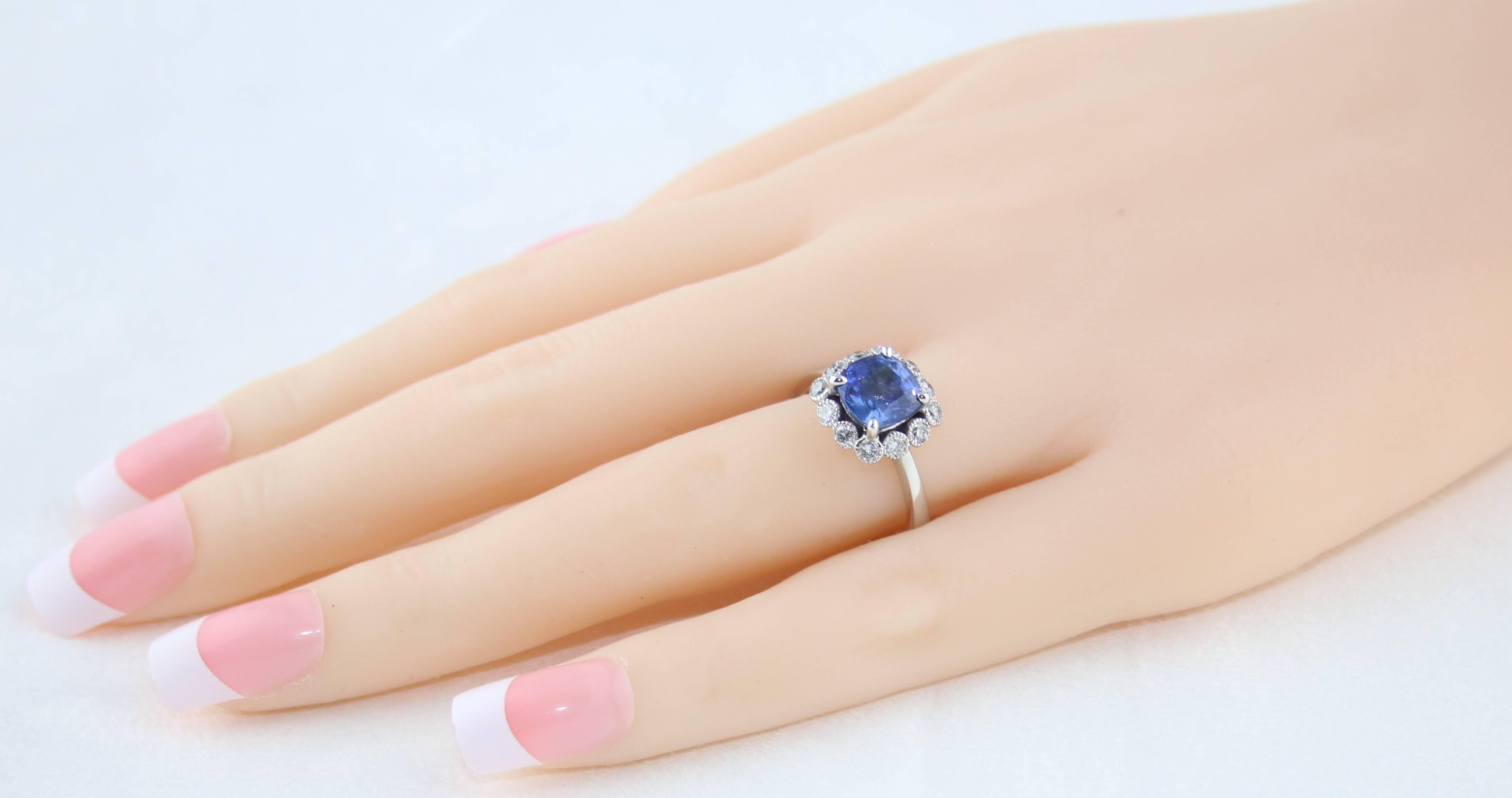 Cushion Cut AGL Certified 2.59 Carat No Heat Violet Blue Sapphire Diamond Gold Ring For Sale