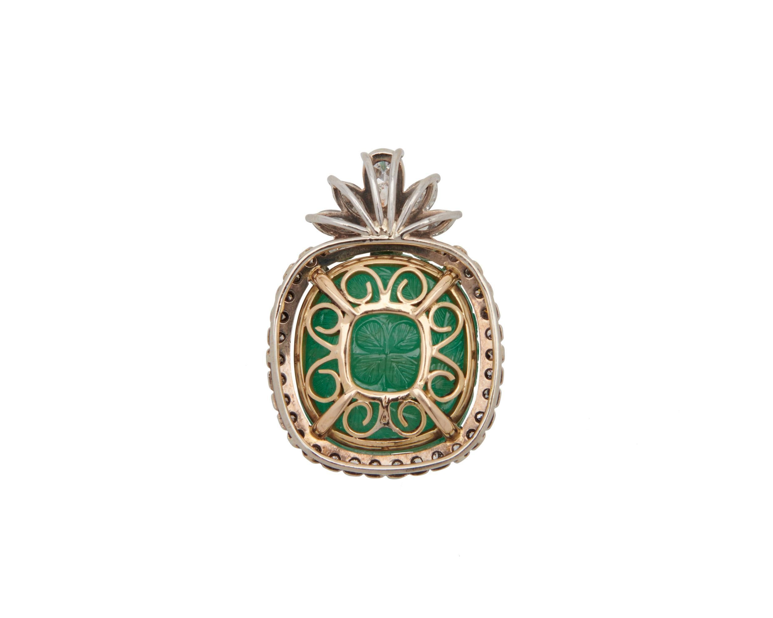 AGL zertifiziert 25ct geschnitzt Cabochon Smaragd & Birne Marquise Diamant 18K Anhänger (Marquiseschliff) im Angebot
