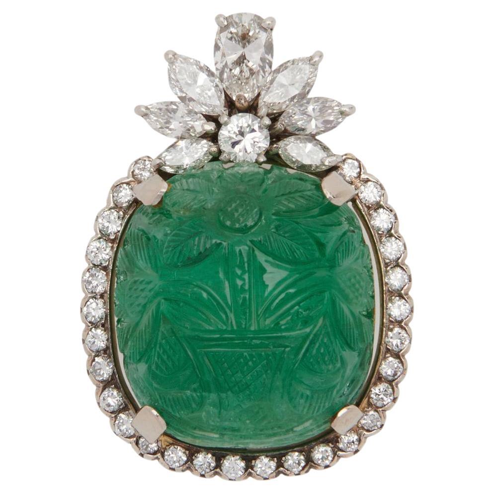AGL Certified 25ct Carved Cabochon Emerald & Pear Marquise Diamond 18K Pendant