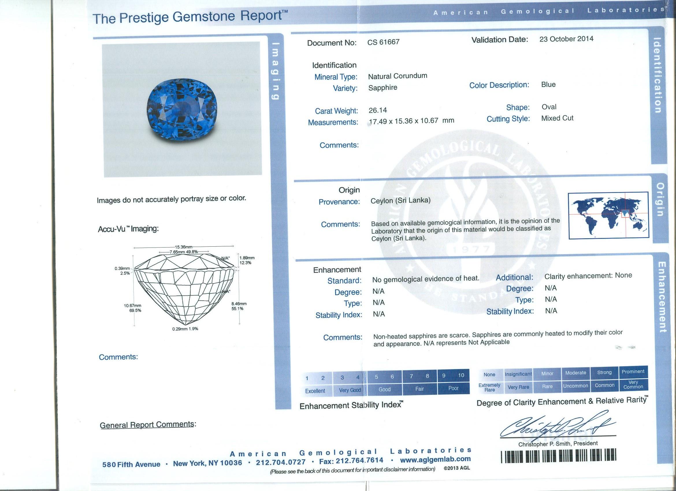 AGL Certified 26.14 Carat Oval Non Heated Blue Ceylon Sapphire and Diamond Ring 1