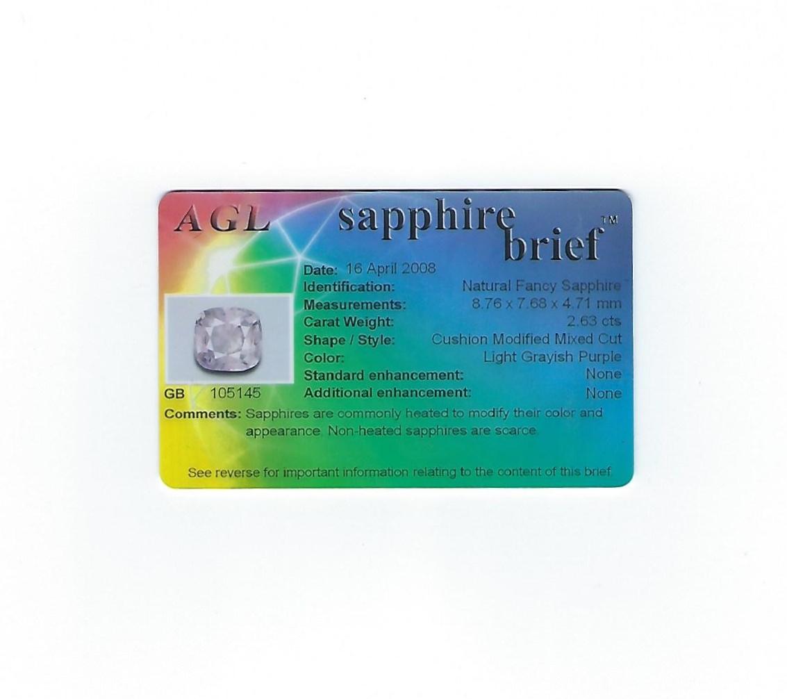 AGL Certified 2.63 Carat No Heat Grayish Purple Sapphire Diamond Gold Ring For Sale 3