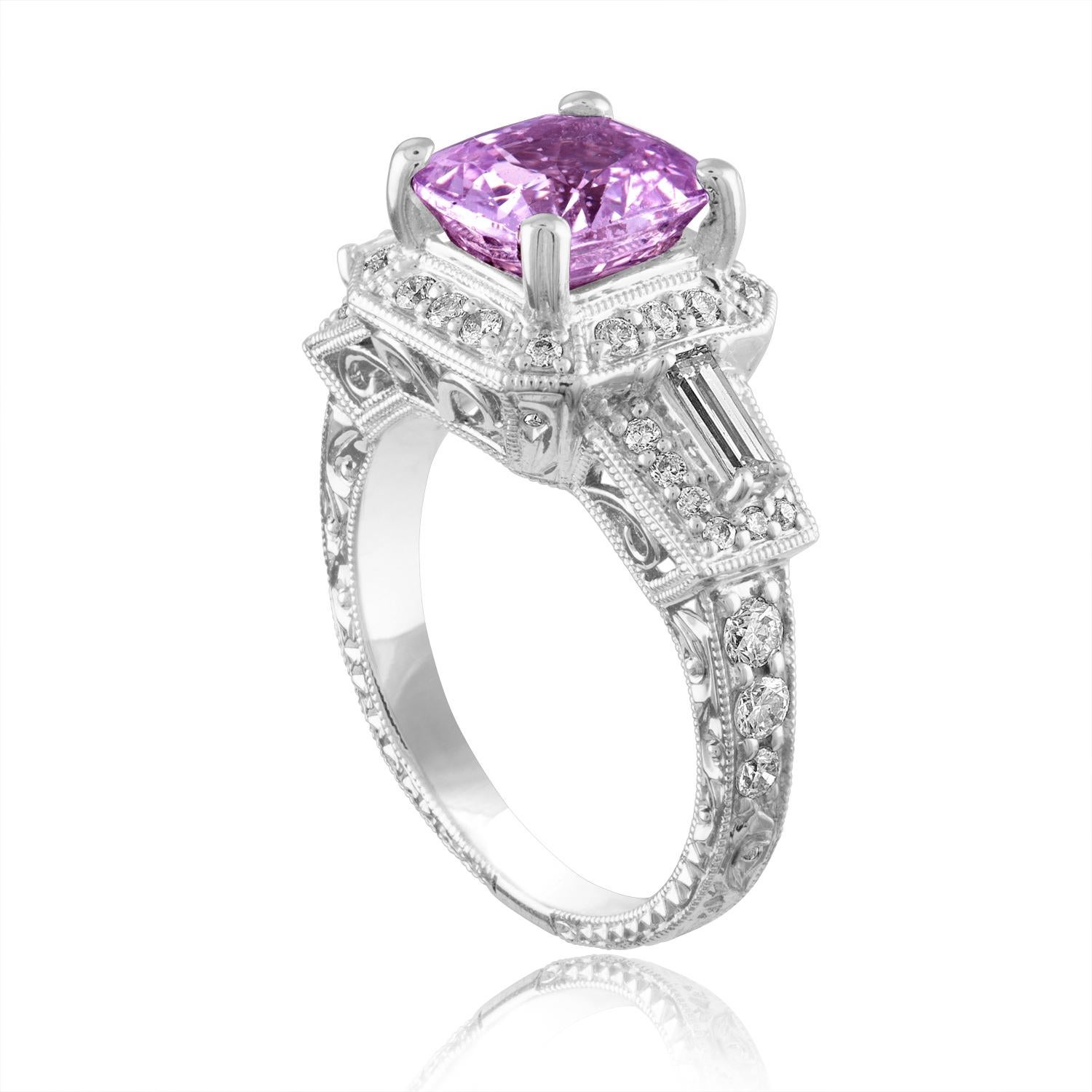 Beautiful Light Grayish Purple Cushion Sapphire.
The sapphire is set in Art Deco Revival Style of Milgrain and Filigree
The ring is 14K White Gold.
The Sapphire is a cushion 2.63 Carat Light Grayish Purple Sapphire.
The Sapphire is NO HEAT and is