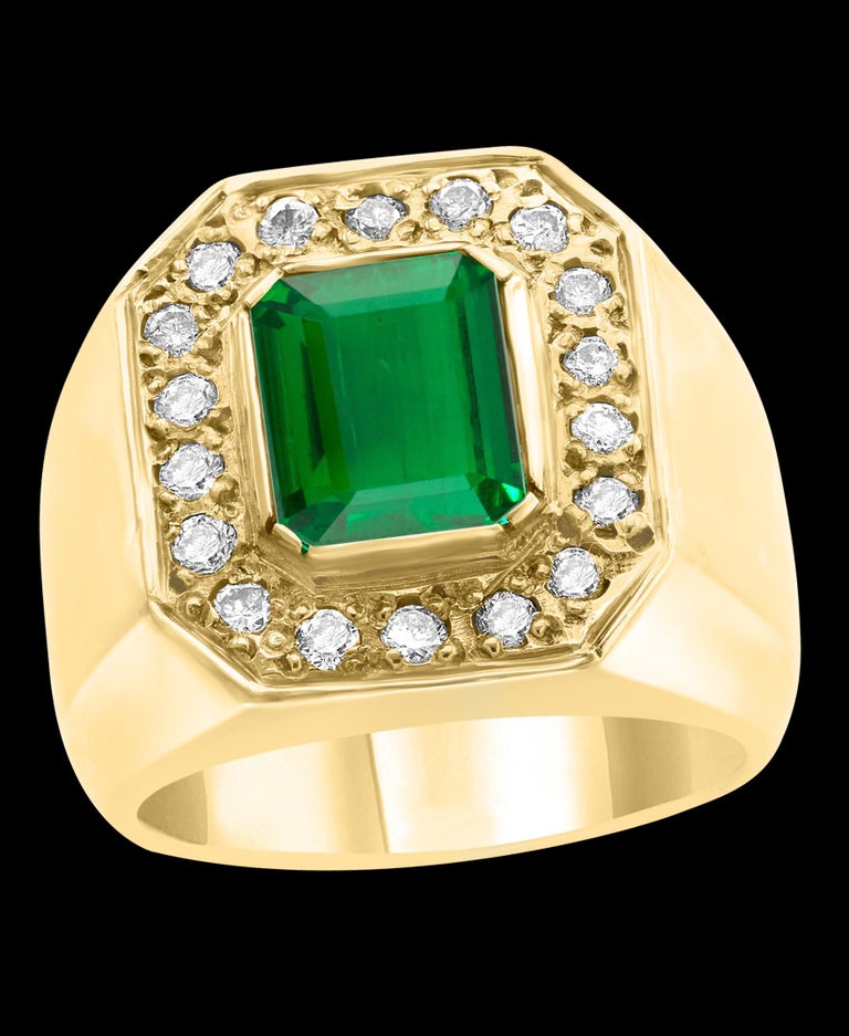  AGL Certified 2.75 Carat  Emerald Cut Colombian Emerald  Diamond 18 K Men Ring  For Sale 1