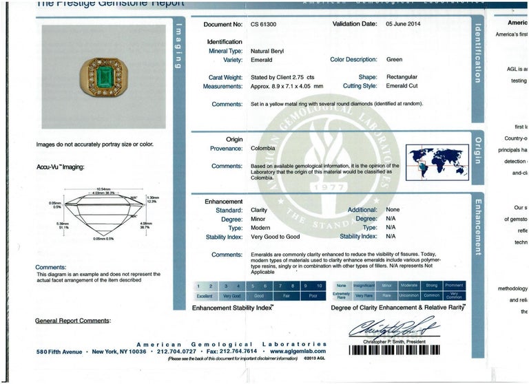  AGL Certified 2.75 Carat  Emerald Cut Colombian Emerald  Diamond 18 K Men Ring  For Sale 3