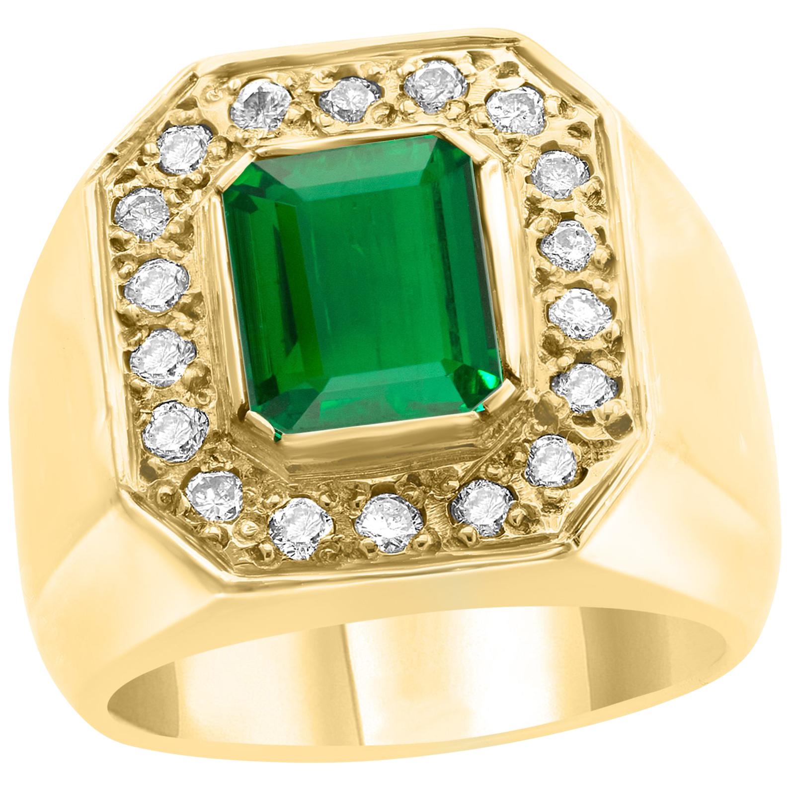  AGL Certified 2.75 Carat  Emerald Cut Colombian Emerald  Diamond 18 K Men Ring 