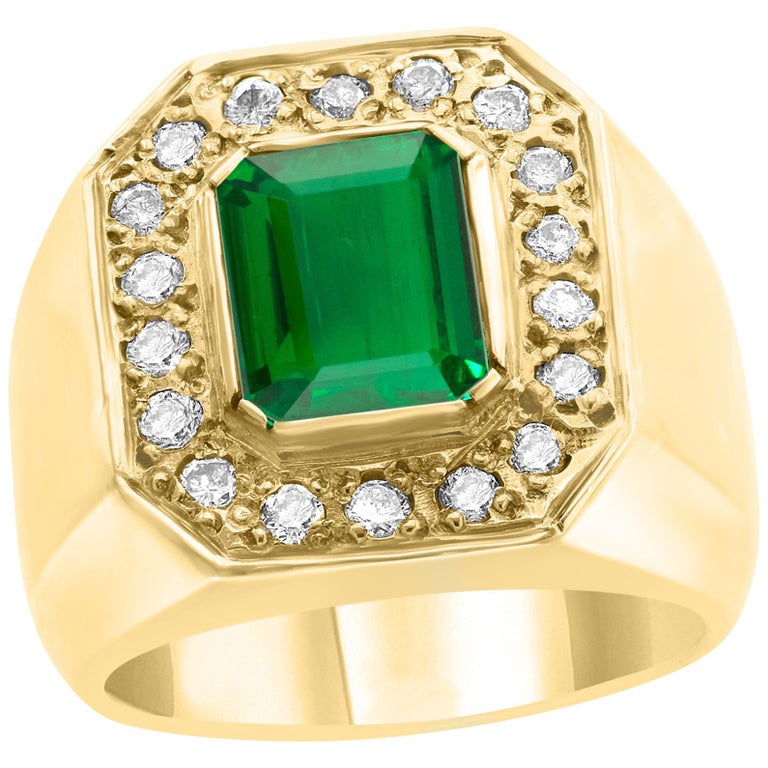  AGL Certified 2.75 Carat  Emerald Cut Colombian Emerald  Diamond 18 K Men Ring  For Sale