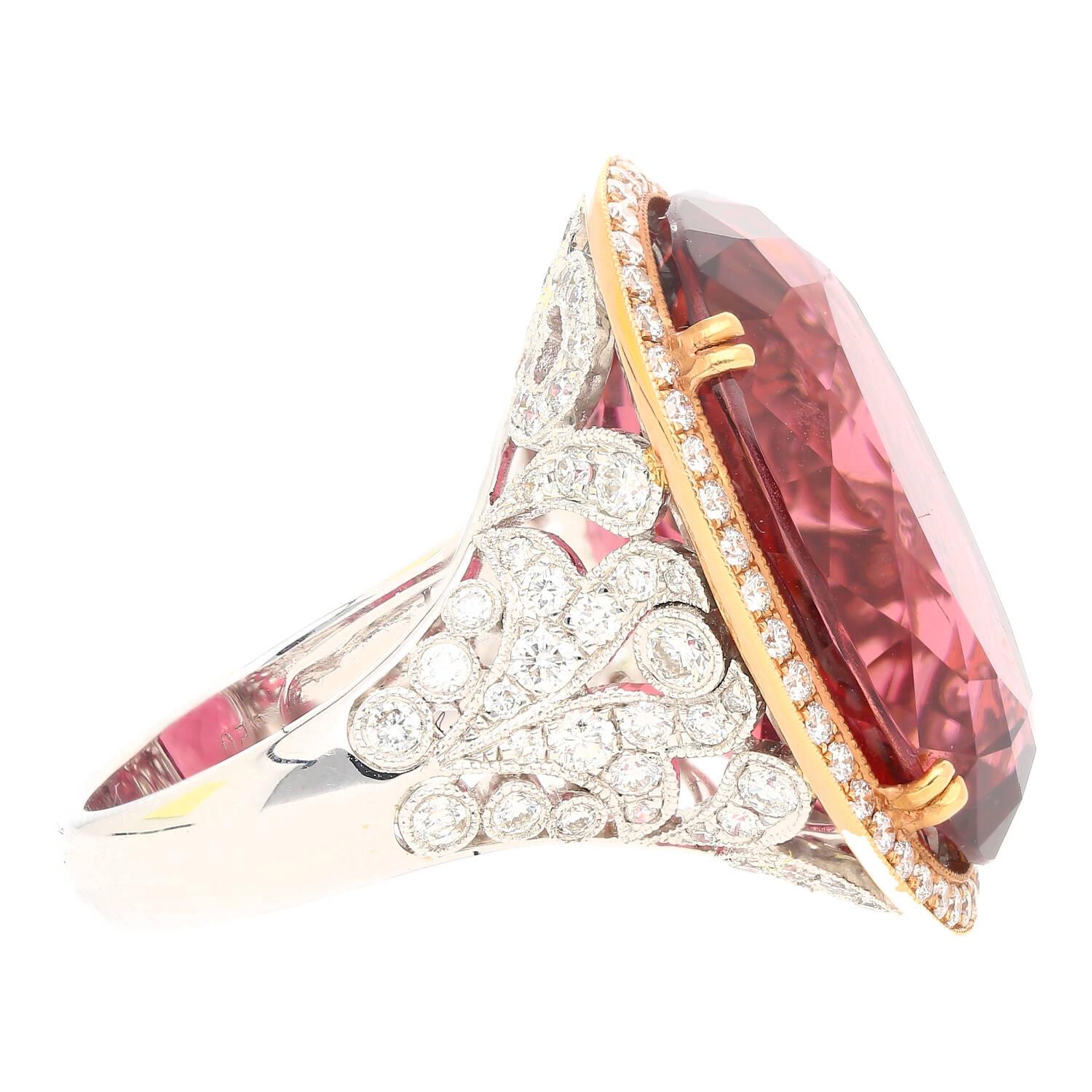 Art Nouveau AGL Certified 28ct No Heat Purplish Pink Tourmaline & Round Diamond Halo Ring For Sale