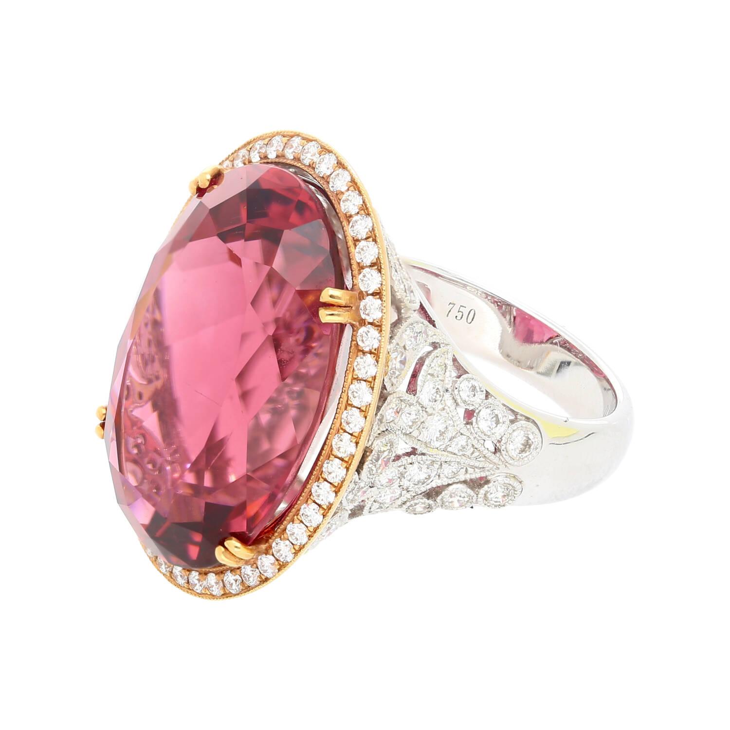 Oval Cut AGL Certified 28ct No Heat Purplish Pink Tourmaline & Round Diamond Halo Ring For Sale