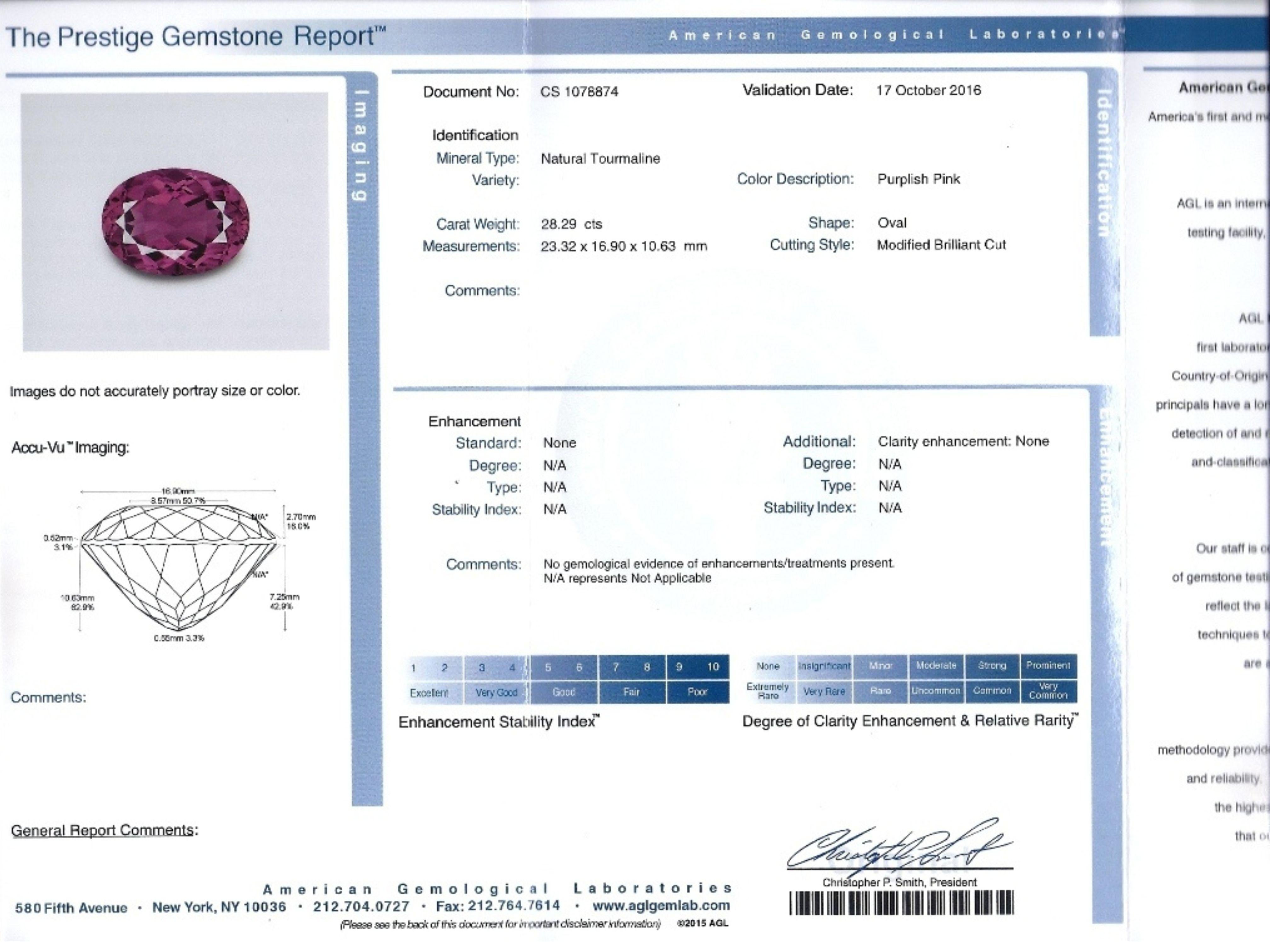 AGL Certified 28ct No Heat Purplish Pink Tourmaline & Round Diamond Halo Ring For Sale 4