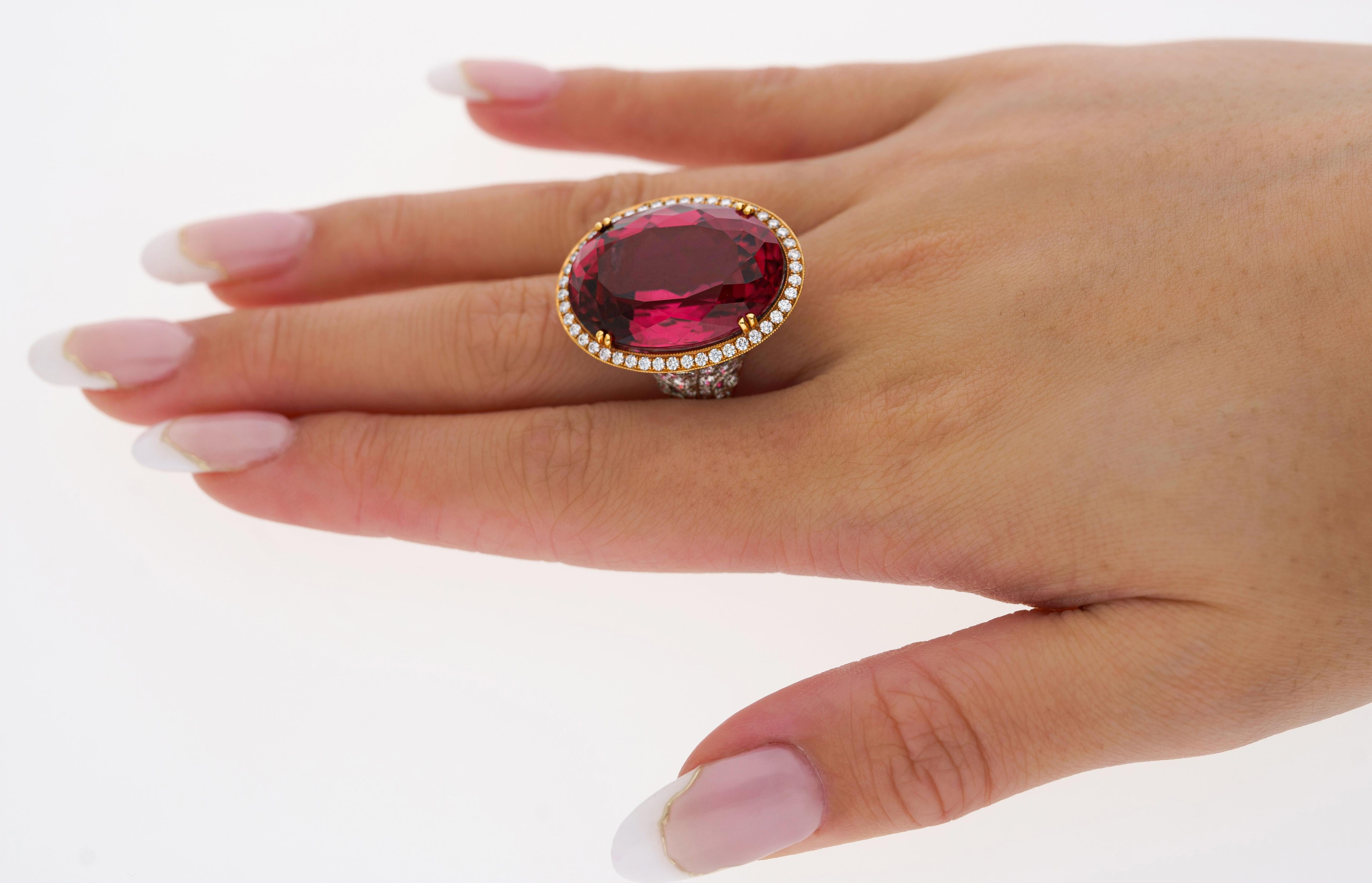 Women's AGL Certified 28ct No Heat Purplish Pink Tourmaline & Round Diamond Halo Ring For Sale