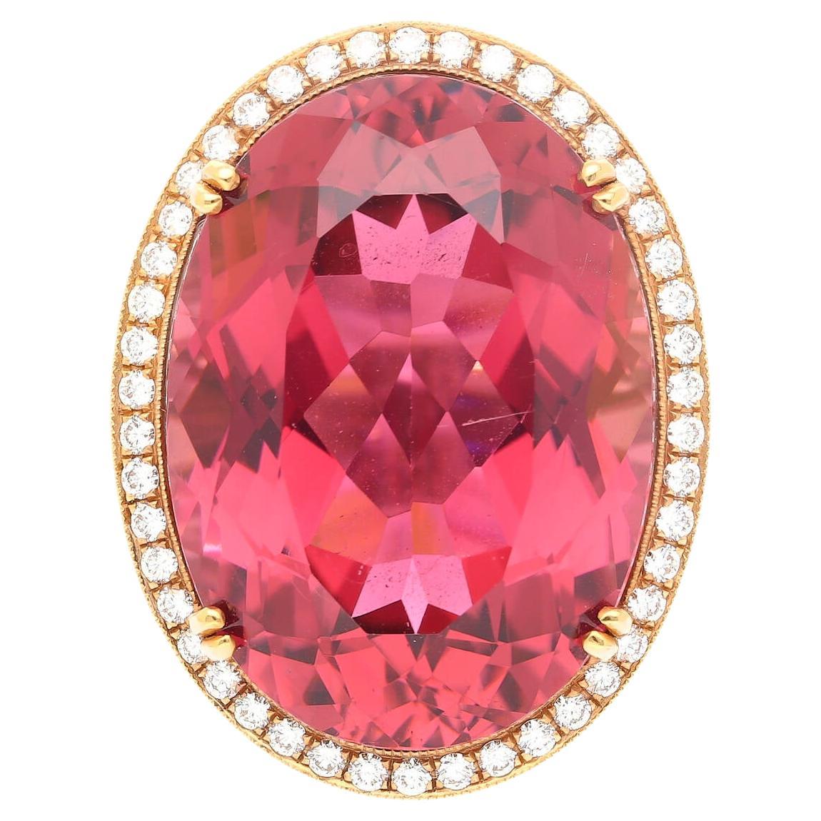 AGL Certified 28ct No Heat Purplish Pink Tourmaline & Round Diamond Halo Ring For Sale