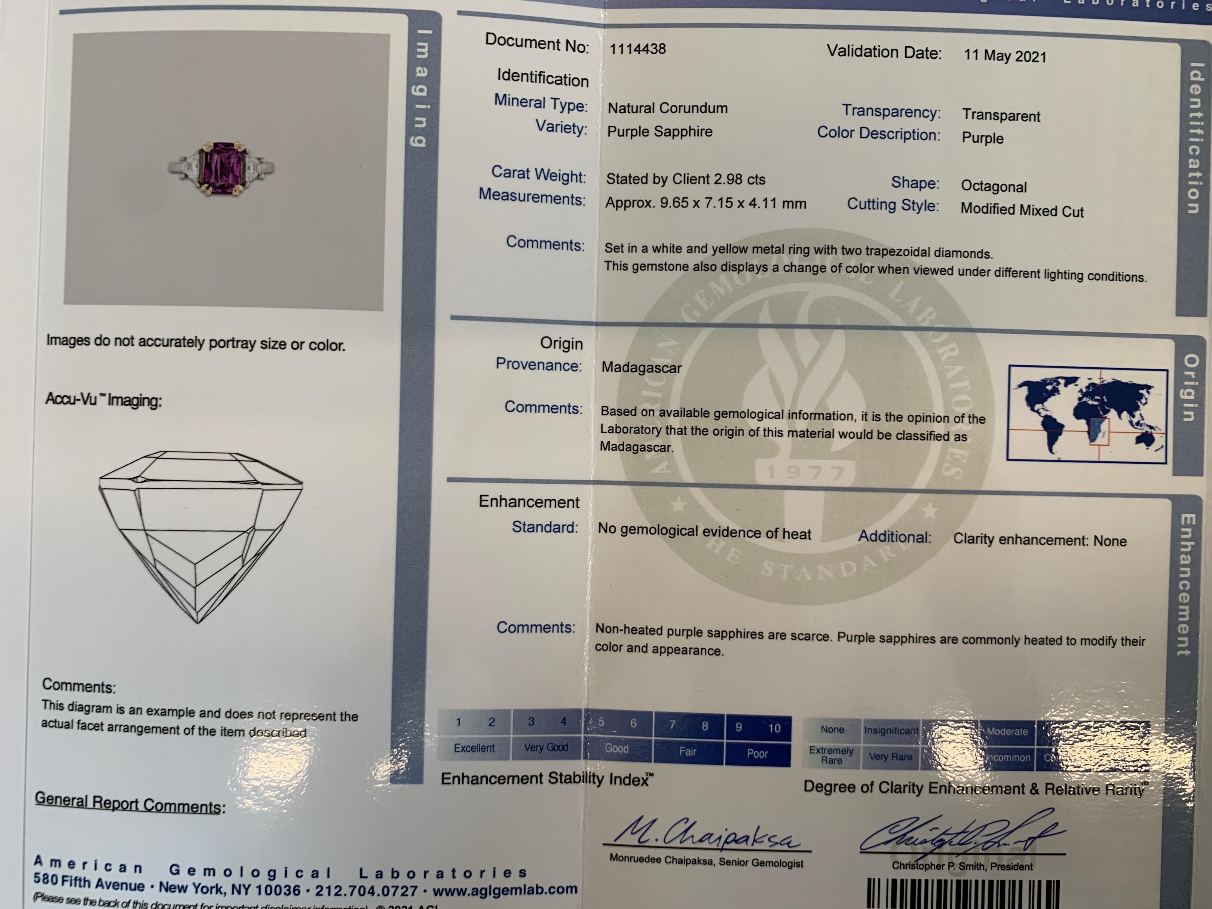 AGL Certified 2.98 Carat Emerald Cut Purple Sapphire & Diamond Two-Tone Ring 3