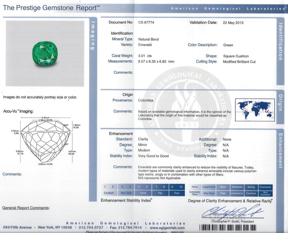 Cushion Cut AGL Certified 3 Carat Minor Oil Colombian Emerald Diamond Band Ring For Sale