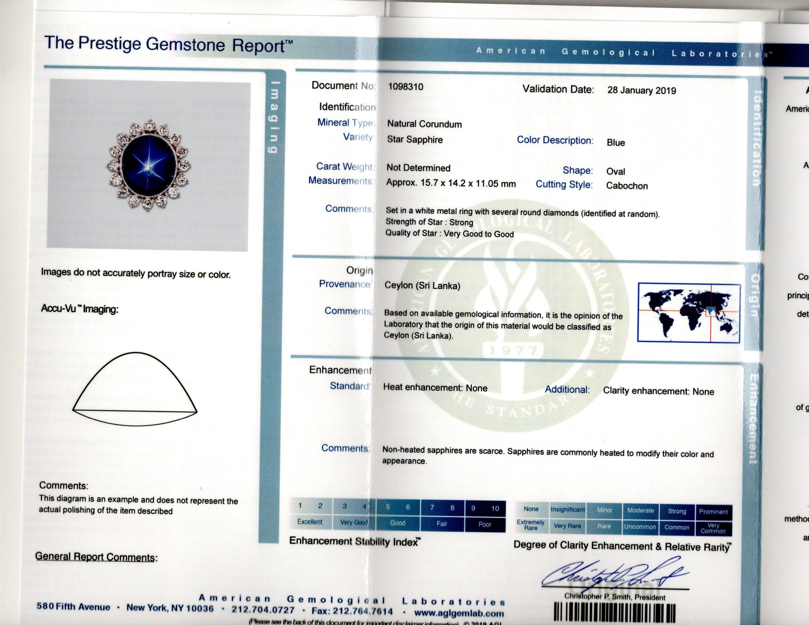 AGL Certified 30 Carat No Heat Ceylon Blue Star Sapphire & Diamond Halo Ring For Sale 2
