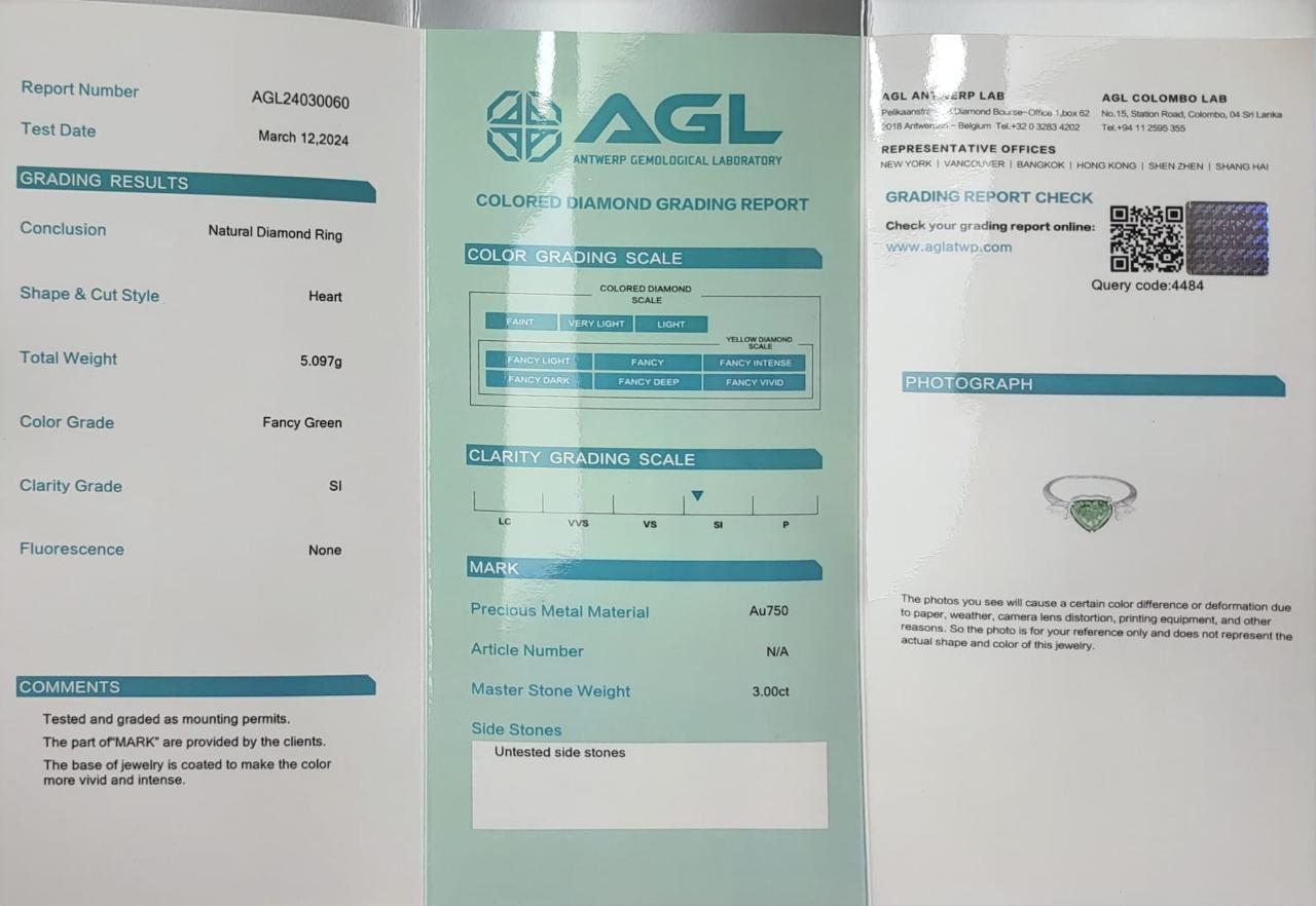 AGL Certified 3.00 Carat Fancy Green SI Clarity Diamond Ring For Sale 3
