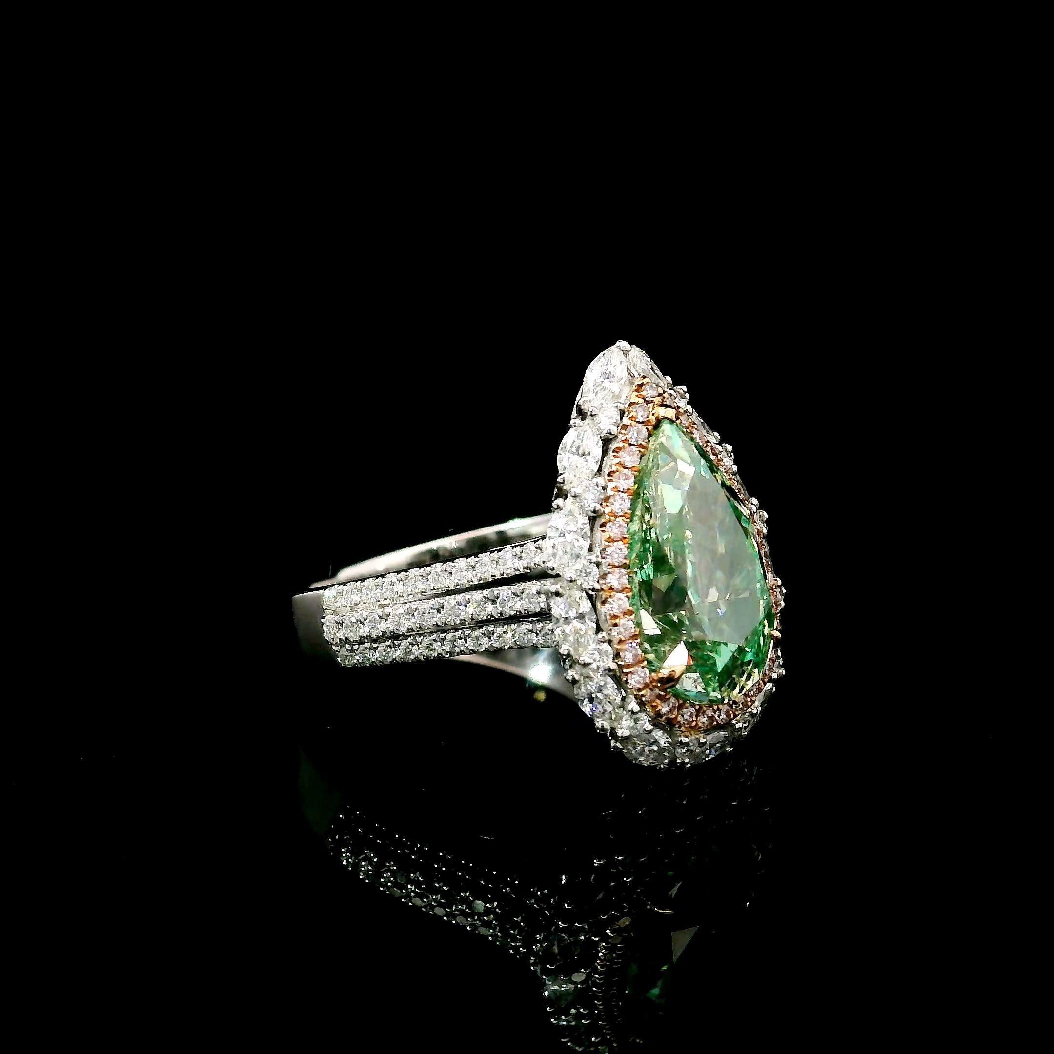 Pear Cut AGL Certified 3.00 Carat Fancy Green VVS Clarity Diamond Ring For Sale