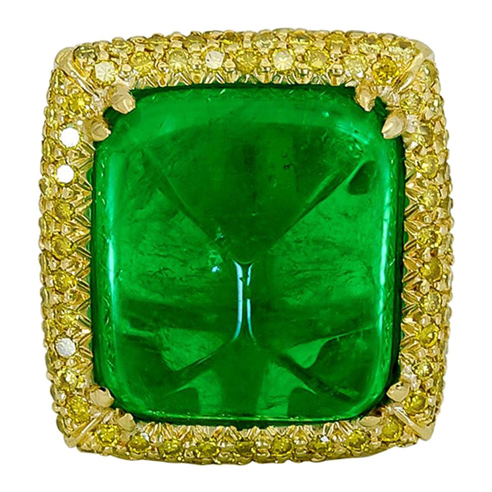 AGL Certified 30.07 Carat Sugarloaf Emerald and Yellow Diamond Pendant For Sale