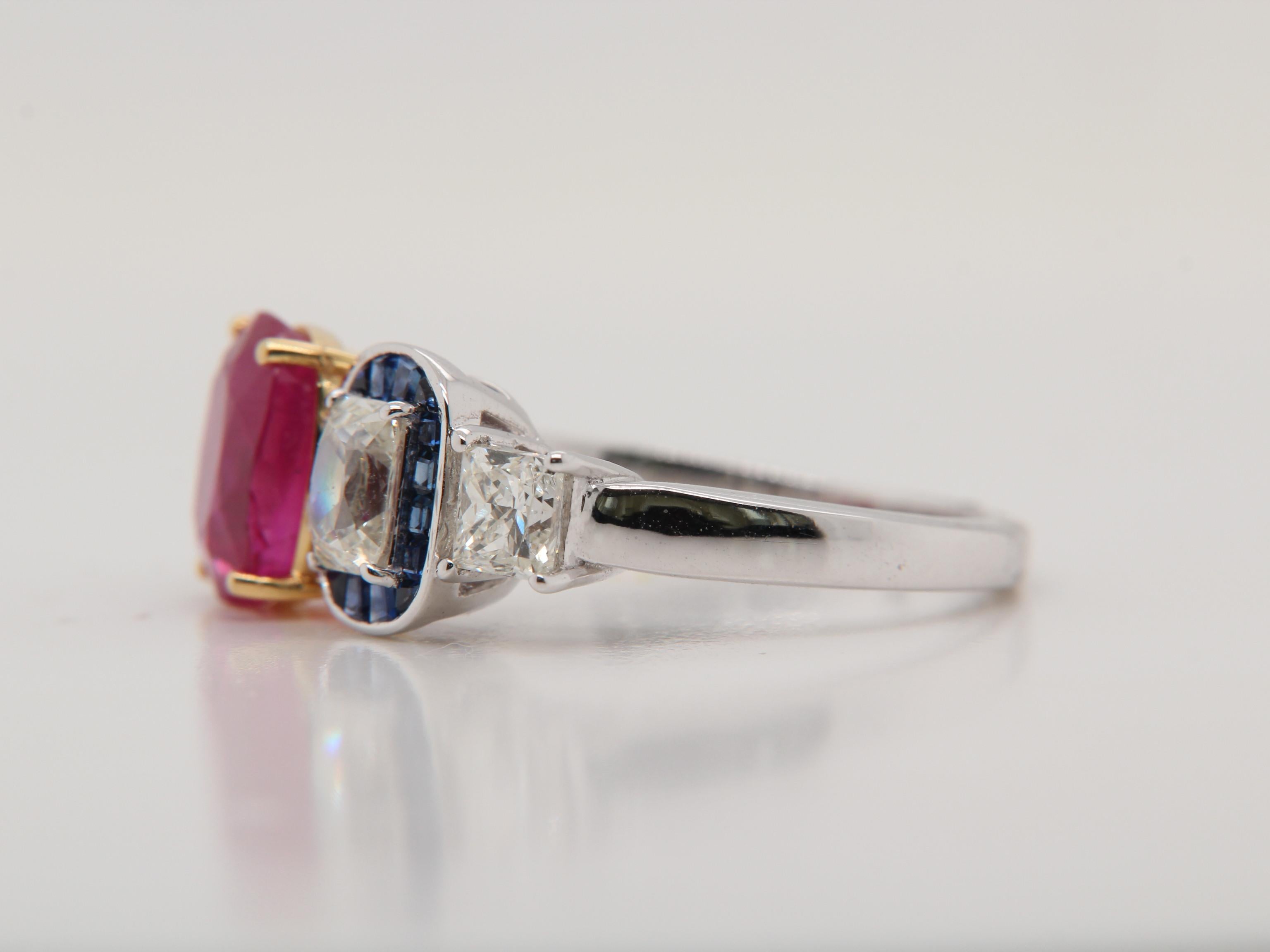 Cushion Cut AGL Certified 3.03 Carat Burmese Ruby, Diamond and Blue Sapphire Ring For Sale