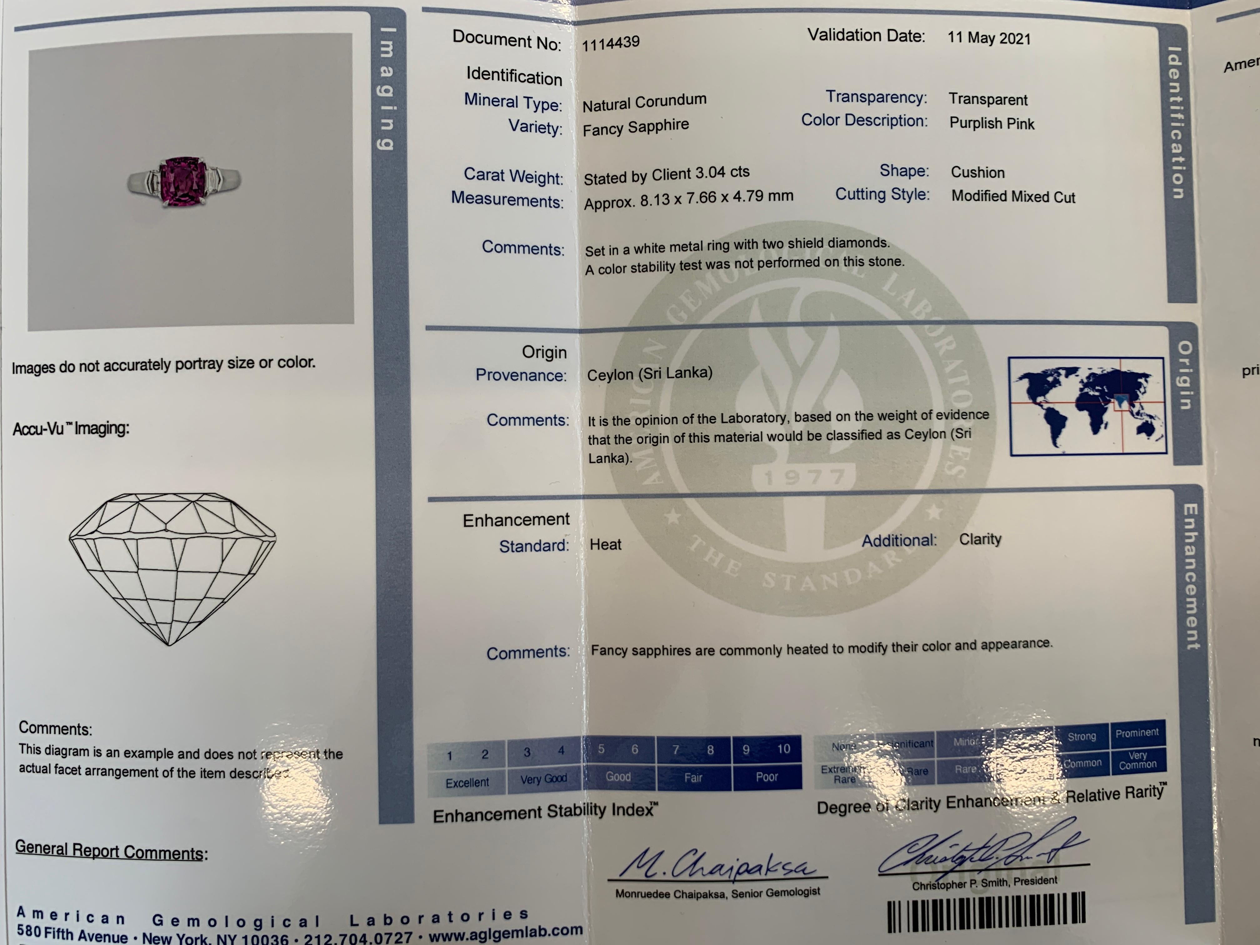 AGL Certified 3.04 Carat Cushion Cut Pink Sapphire & Diamond Ring in 18K Gold 3