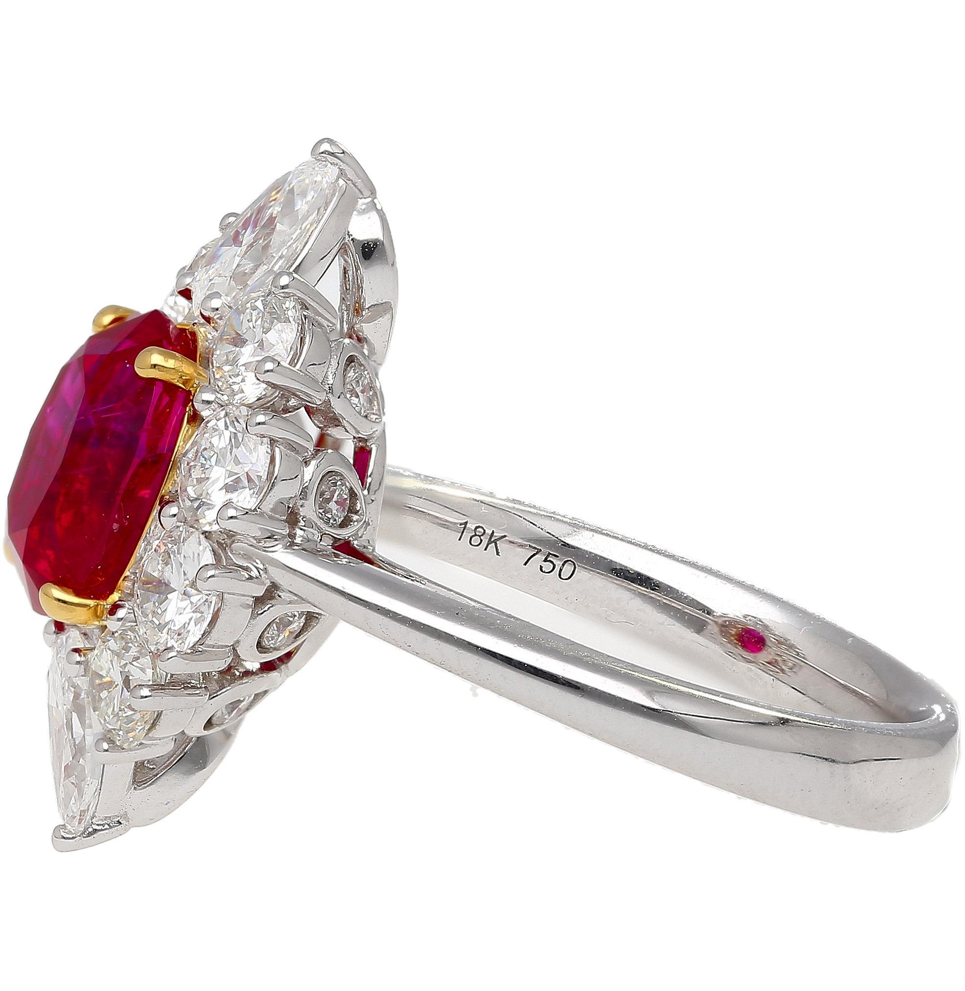 Modern AGL Certified 3.04 Carat Pigeon’s Blood No-Heat Ruby with Diamond Halo Ring For Sale