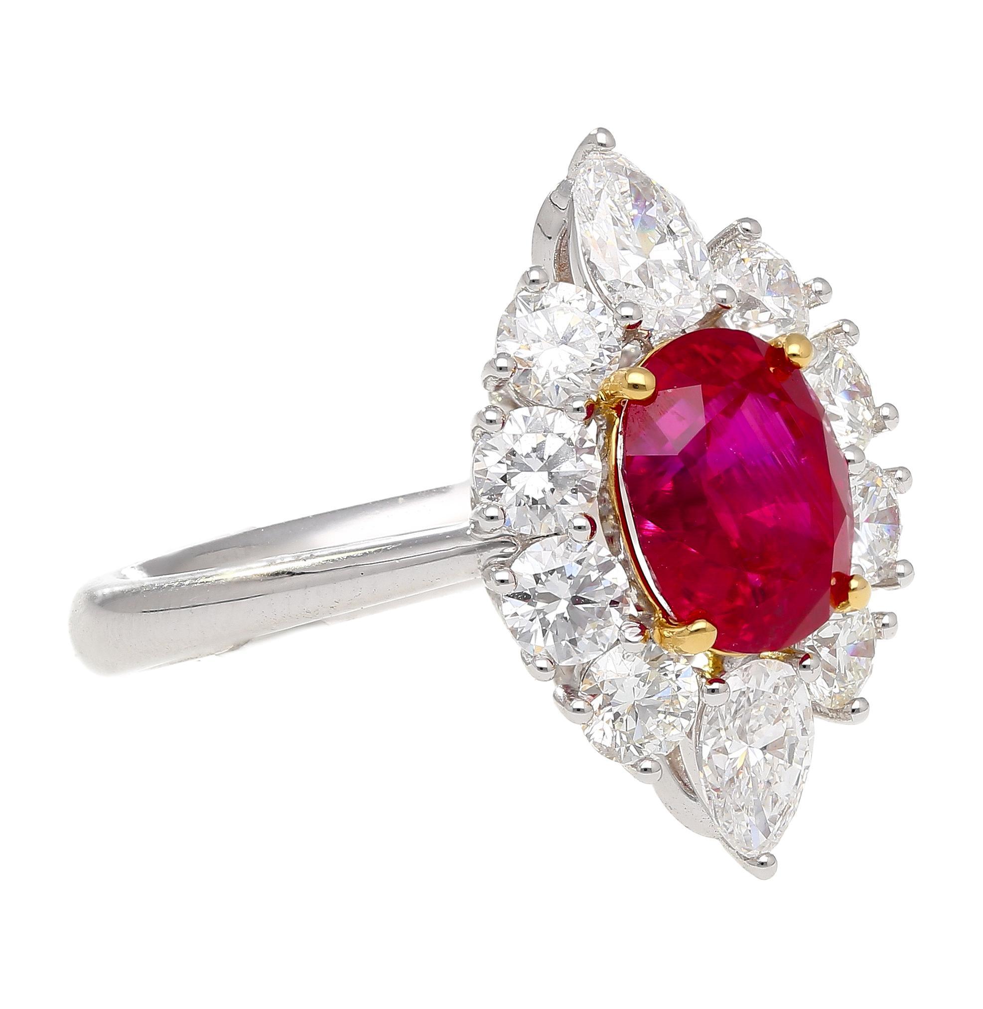 Women's AGL Certified 3.04 Carat Pigeon’s Blood No-Heat Ruby with Diamond Halo Ring For Sale