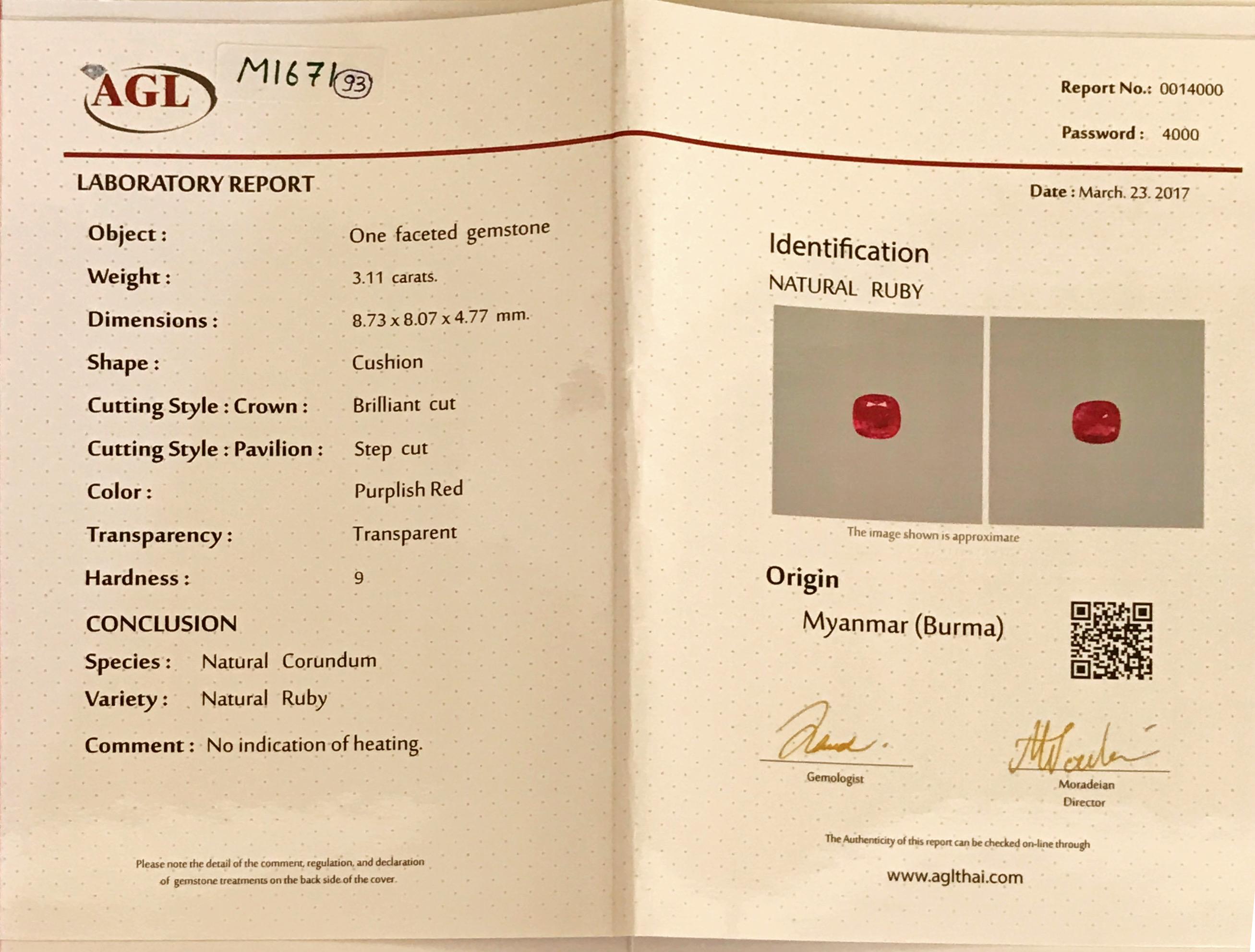 AGL Certified 3.11 Carat Burmese No Heat Ruby and Diamond Ring in 18 Karat Gold 1