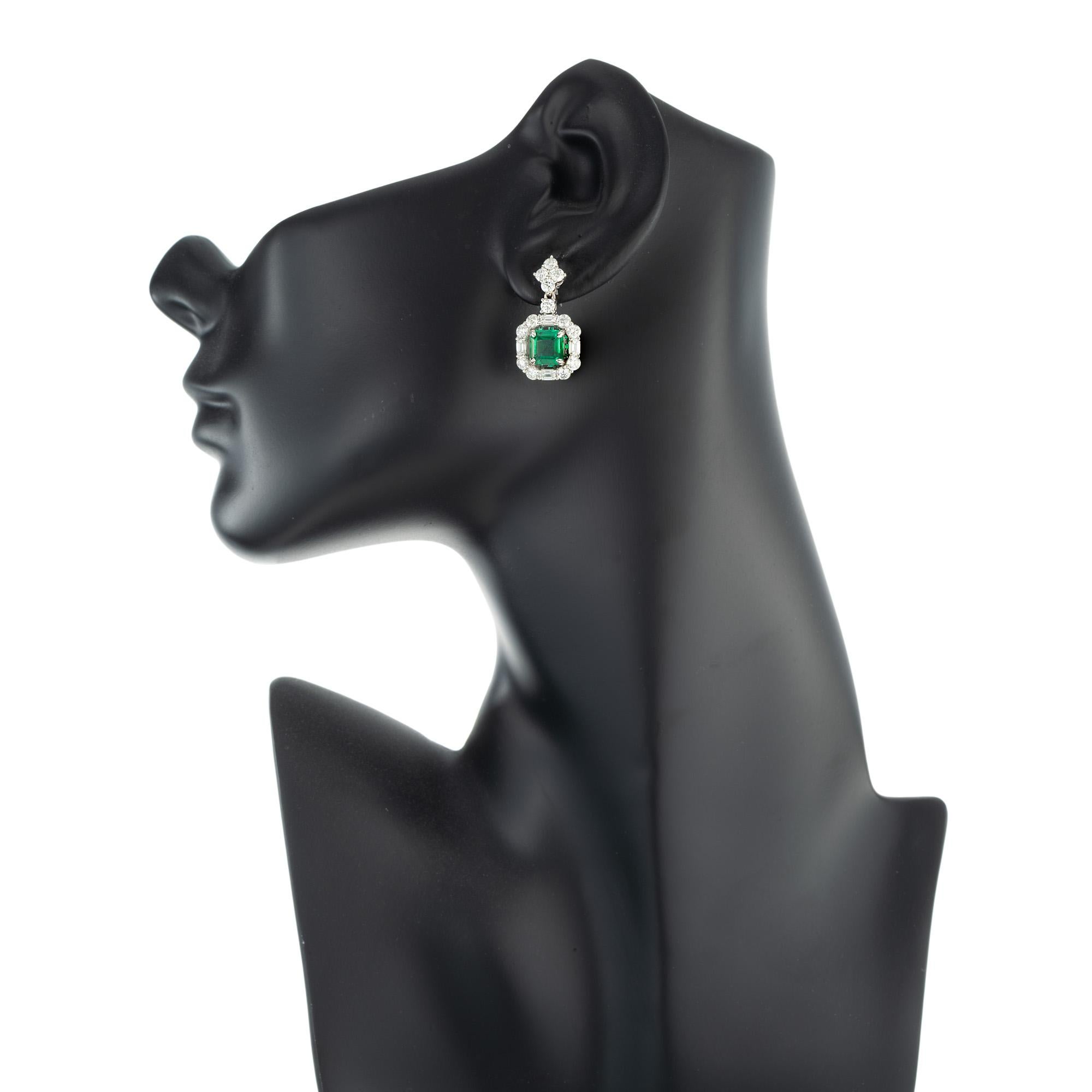 AGL Certified 3.13 Carat Emerald Diamond White Gold Dangle Earrings For Sale 5