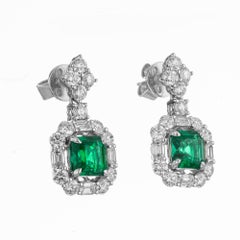 AGL Certified 3.13 Carat Emerald Diamond White Gold Dangle Earrings
