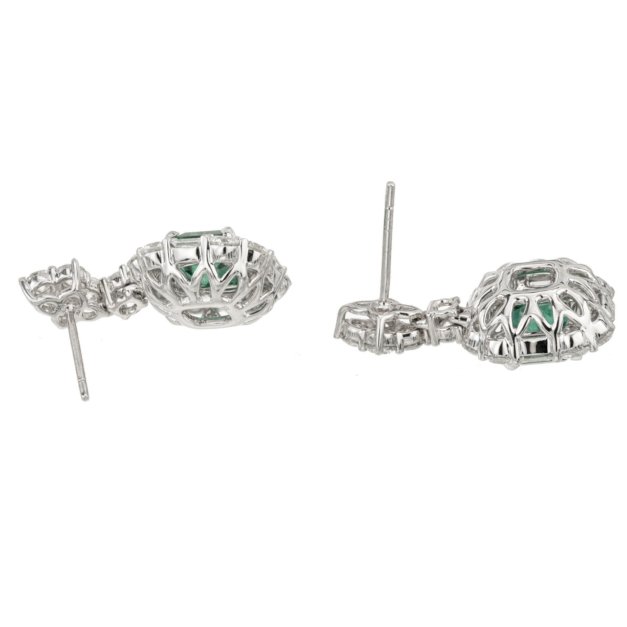 Octagon Cut AGL Certified 3.13 Carat Emerald Diamond White Gold Dangle Earrings For Sale