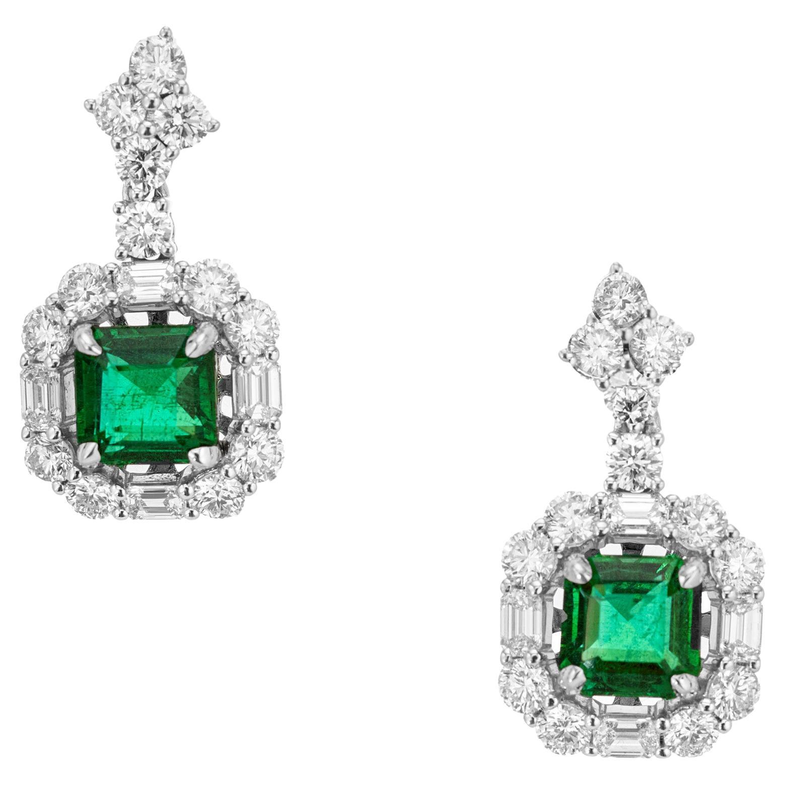 AGL Certified 3.13 Carat Emerald Diamond White Gold Dangle Earrings