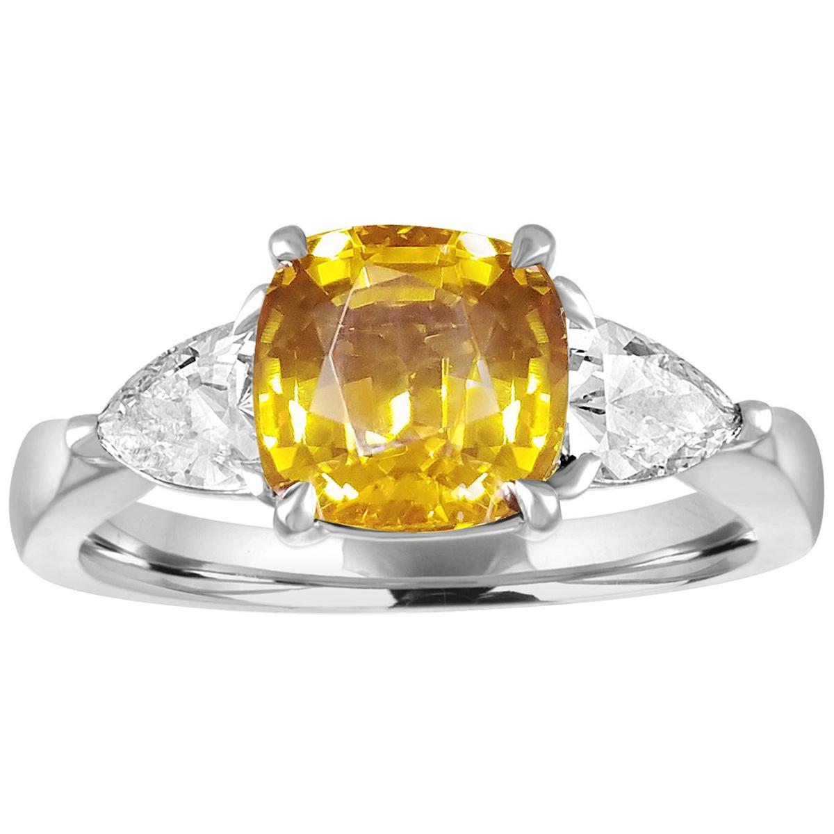 AGL Certified 3.16 Carat Cushion Orange Yellow Sapphire Diamond Gold Ring