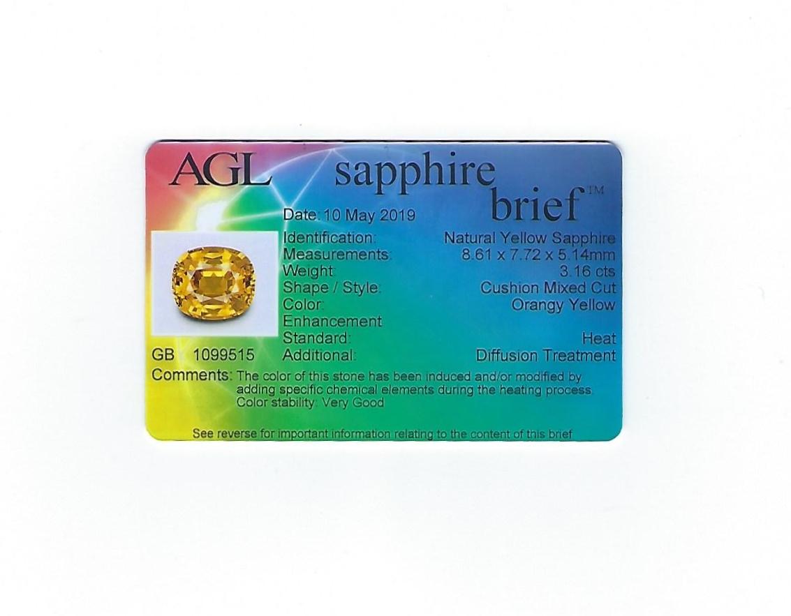 AGL Certified 3.16 Carat Cushion Orange Yellow Sapphire Diamond Gold Ring For Sale 4