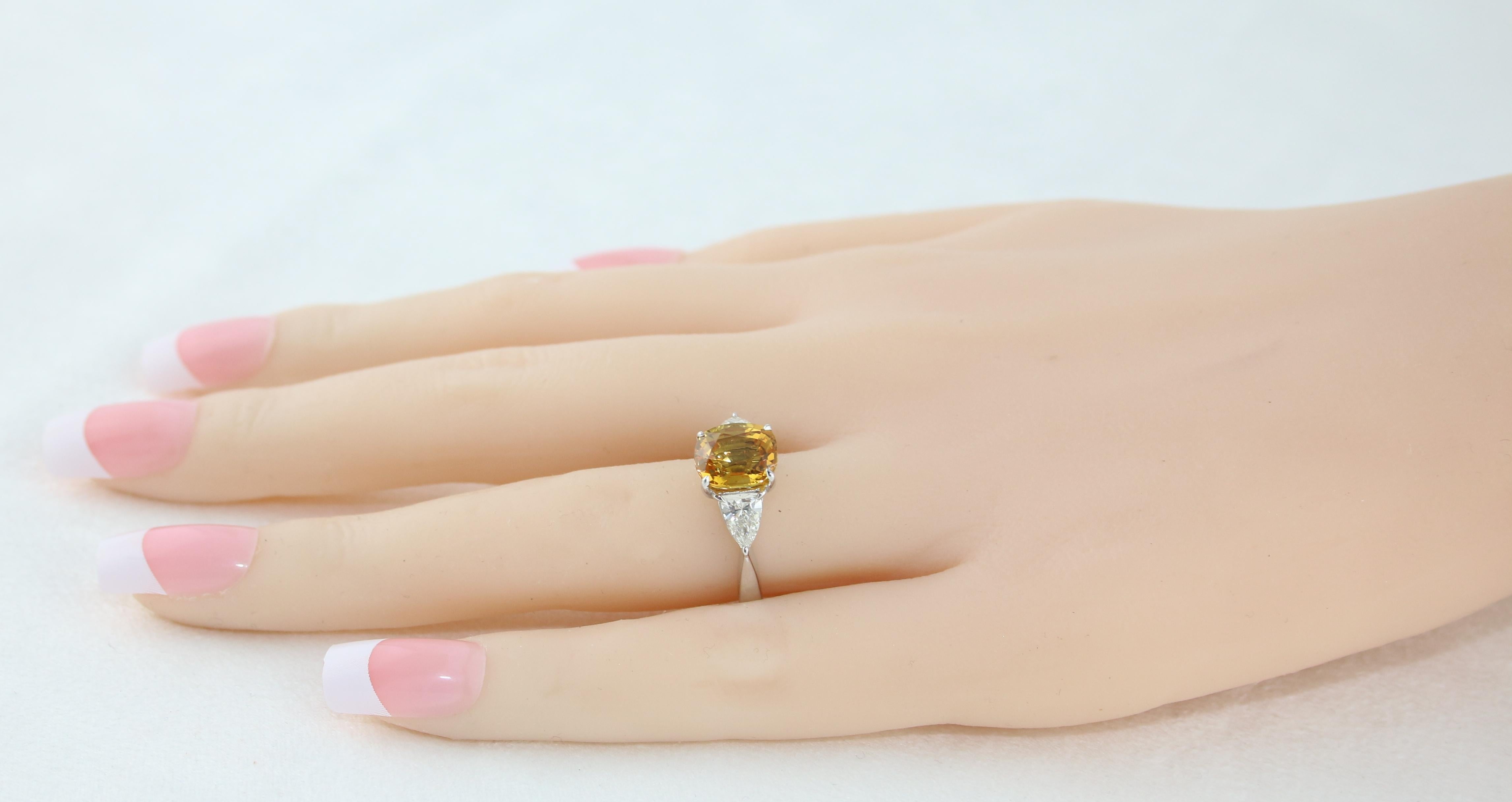 Women's AGL Certified 3.16 Carat Cushion Orange Yellow Sapphire Diamond Gold Ring For Sale