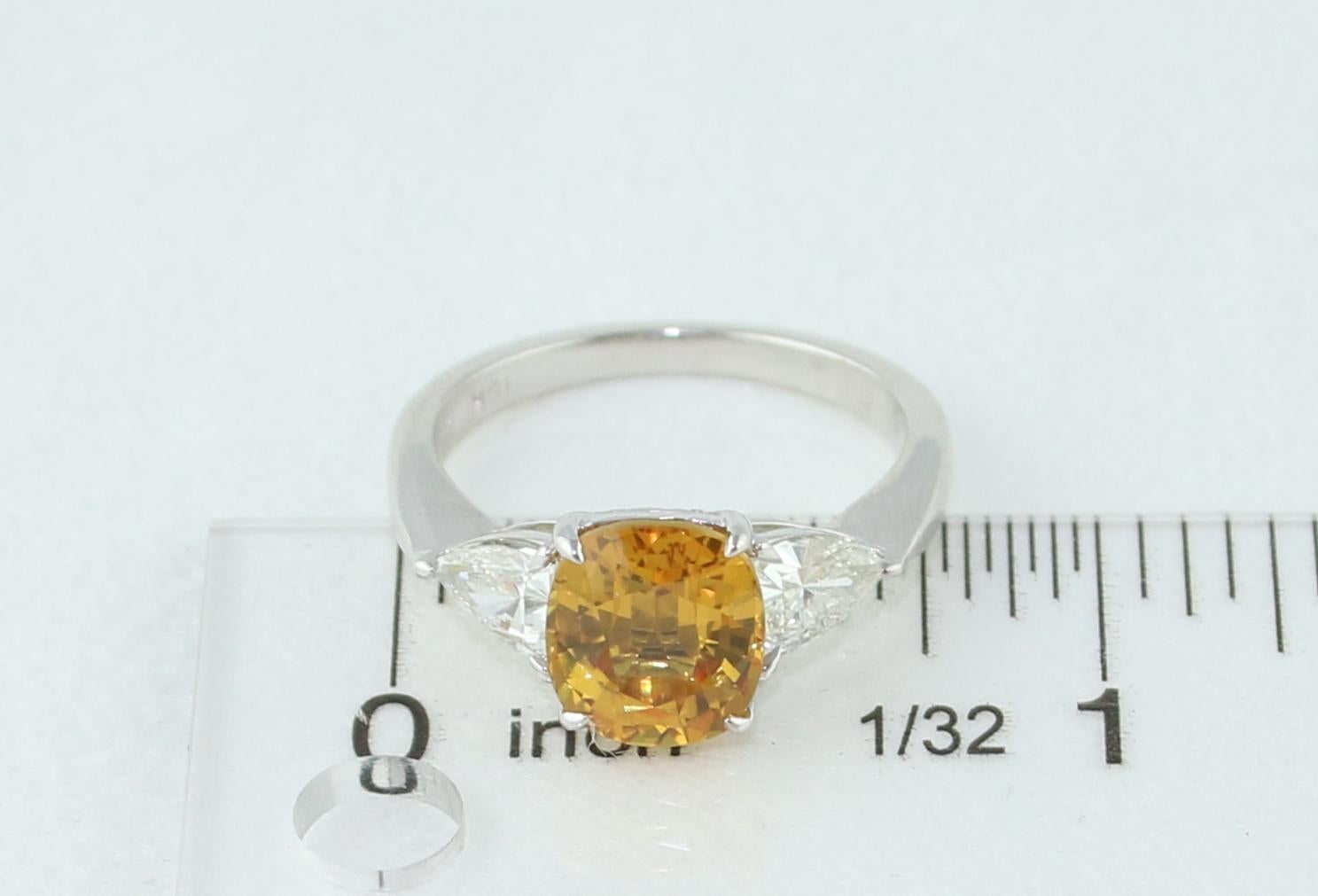 AGL Certified 3.16 Carat Cushion Orange Yellow Sapphire Diamond Gold Ring For Sale 3