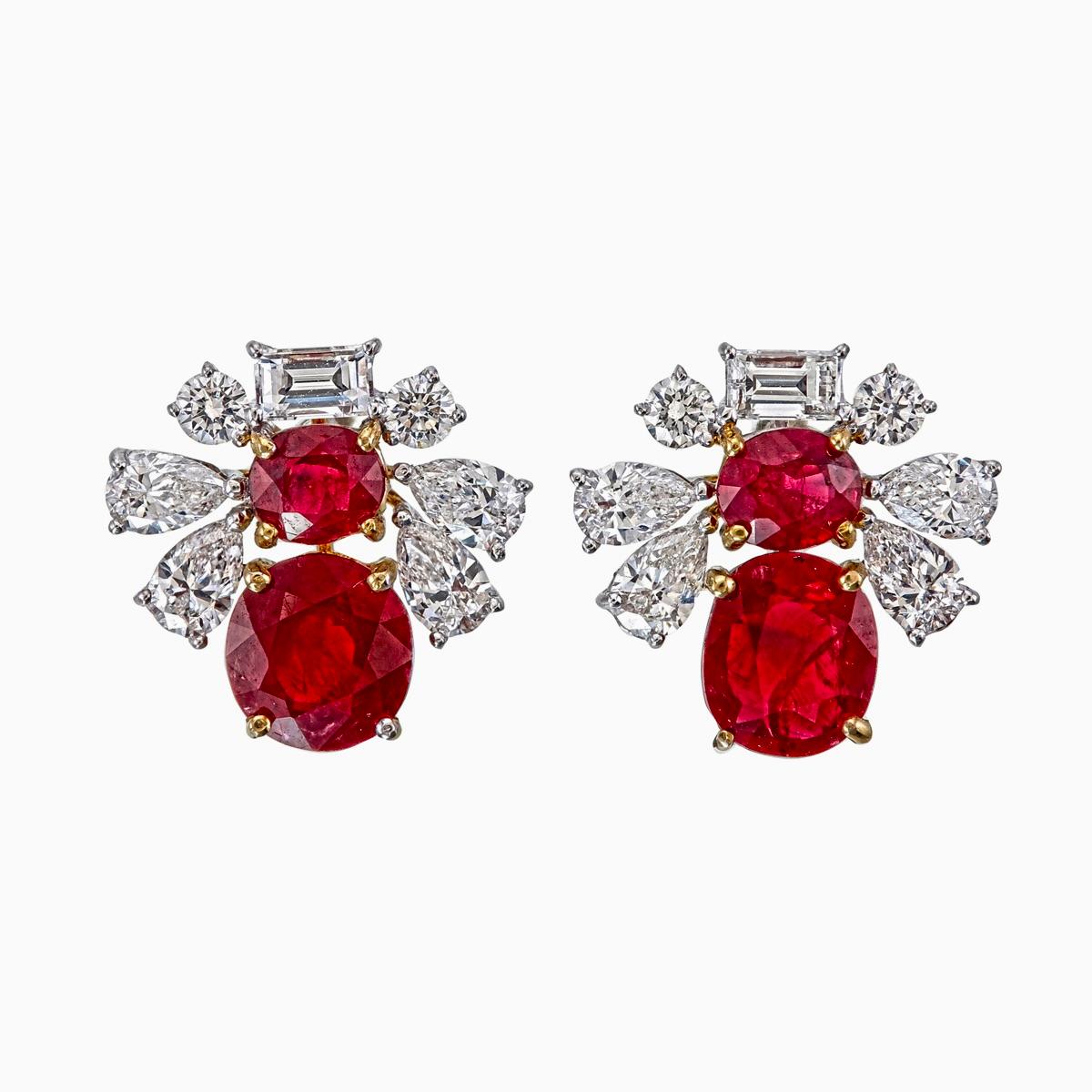 Baguette Cut AGL Certified 3.17 carat Burma Pigeon Blood No Heat Ruby and Diamond Earrings For Sale