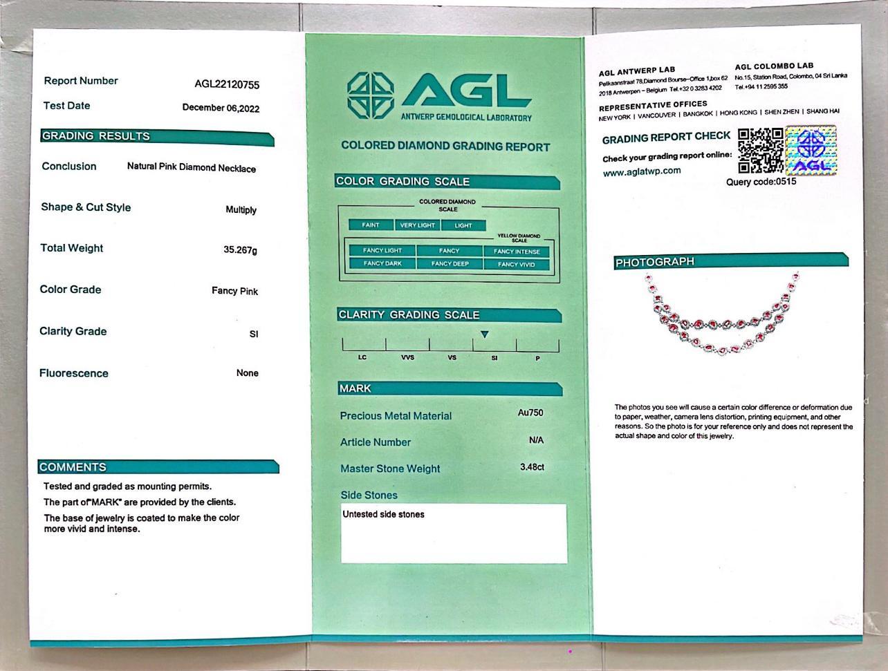 AGL zertifizierte 3,481 Karat Pink Diamond Halskette  im Angebot 2