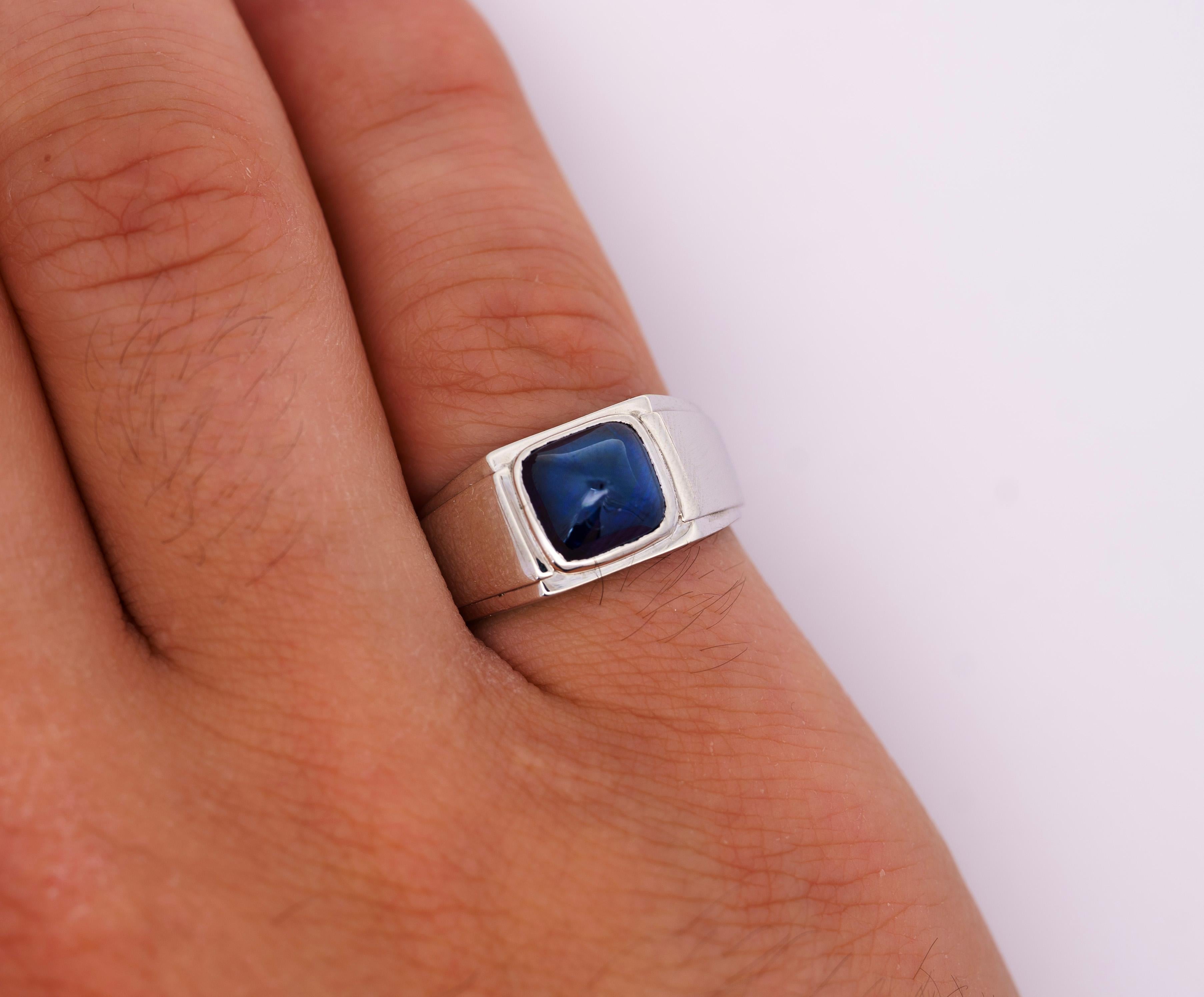 Women's or Men's AGL Certified 3.5 Carat Blue Sapphire No Heat Pyramid Cabochon in Platinum Ring For Sale