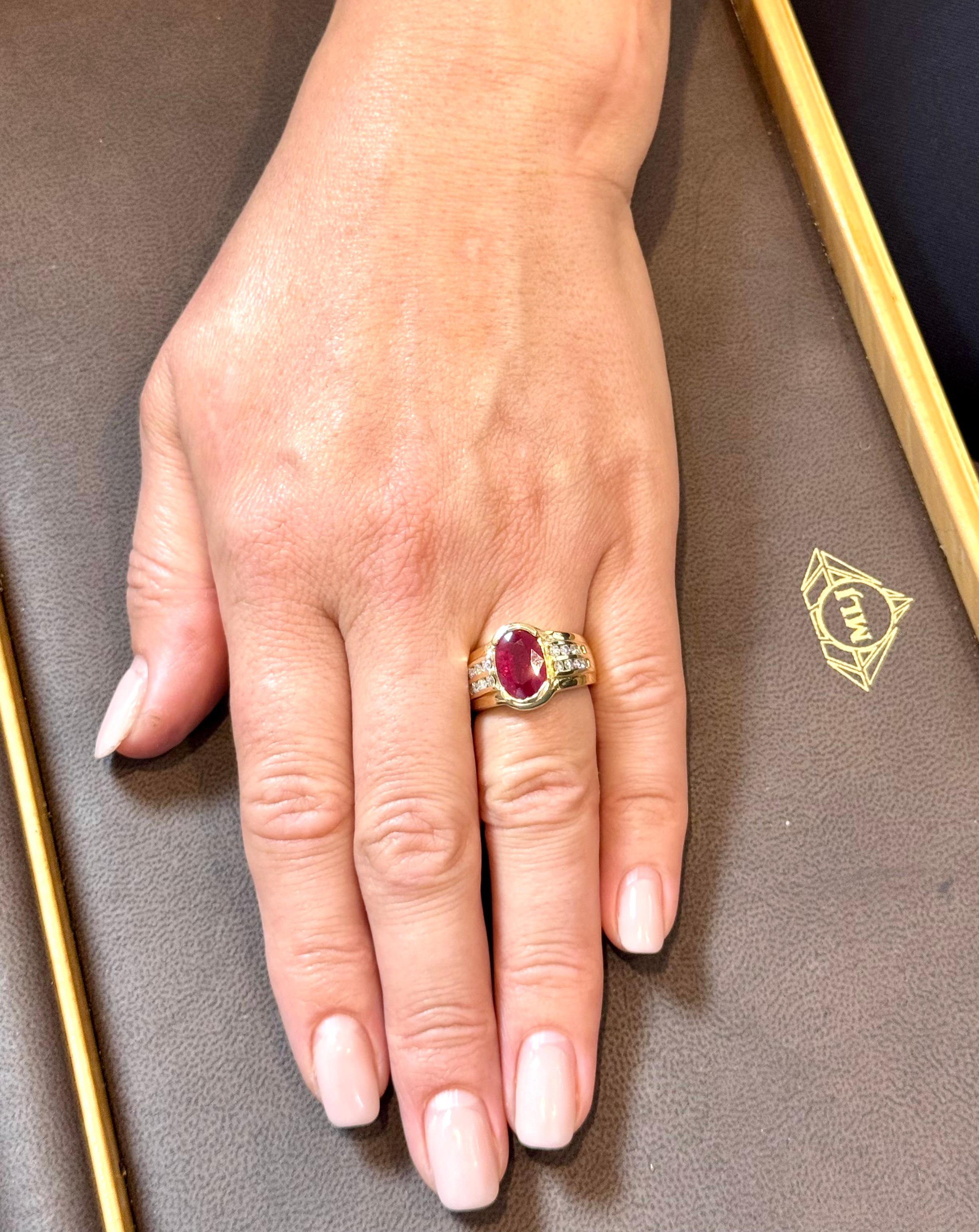 AGL Certified 3.5 Carat Burma Ruby & Diamond Ring in 18 Karat Yellow Gold Ring For Sale 12