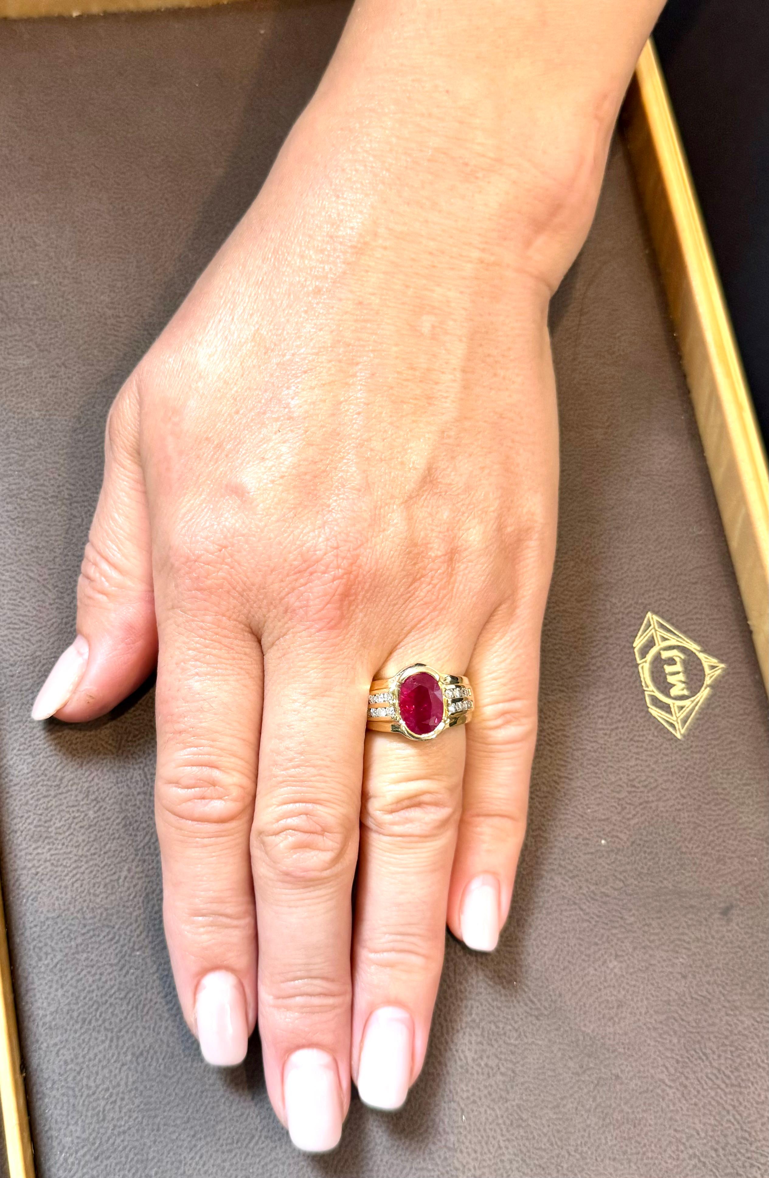 AGL Certified 3.5 Carat Burma Ruby & Diamond Ring in 18 Karat Yellow Gold Ring For Sale 14