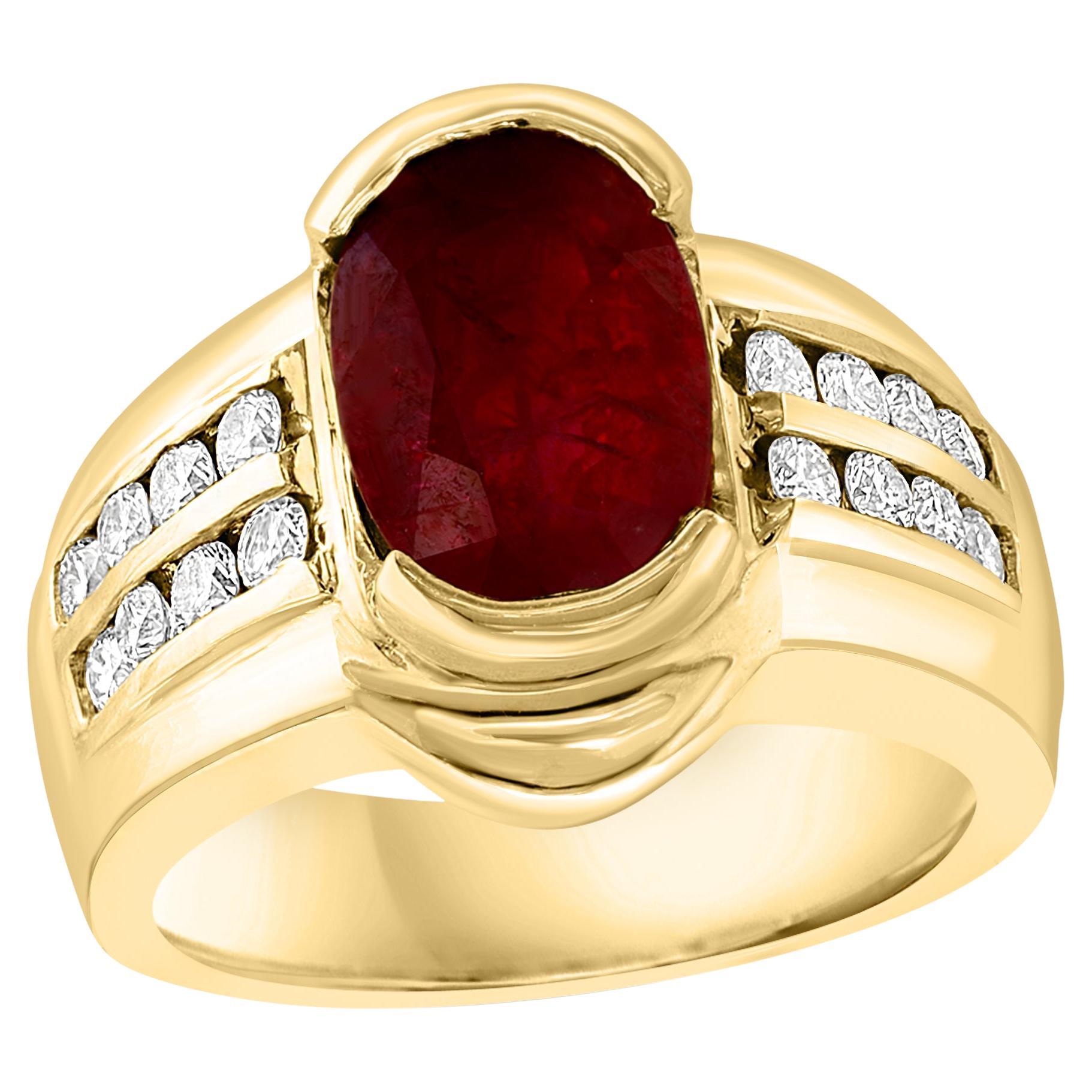 AGL Certified 3.5 Carat Burma Ruby & Diamond Ring in 18 Karat Yellow Gold Ring