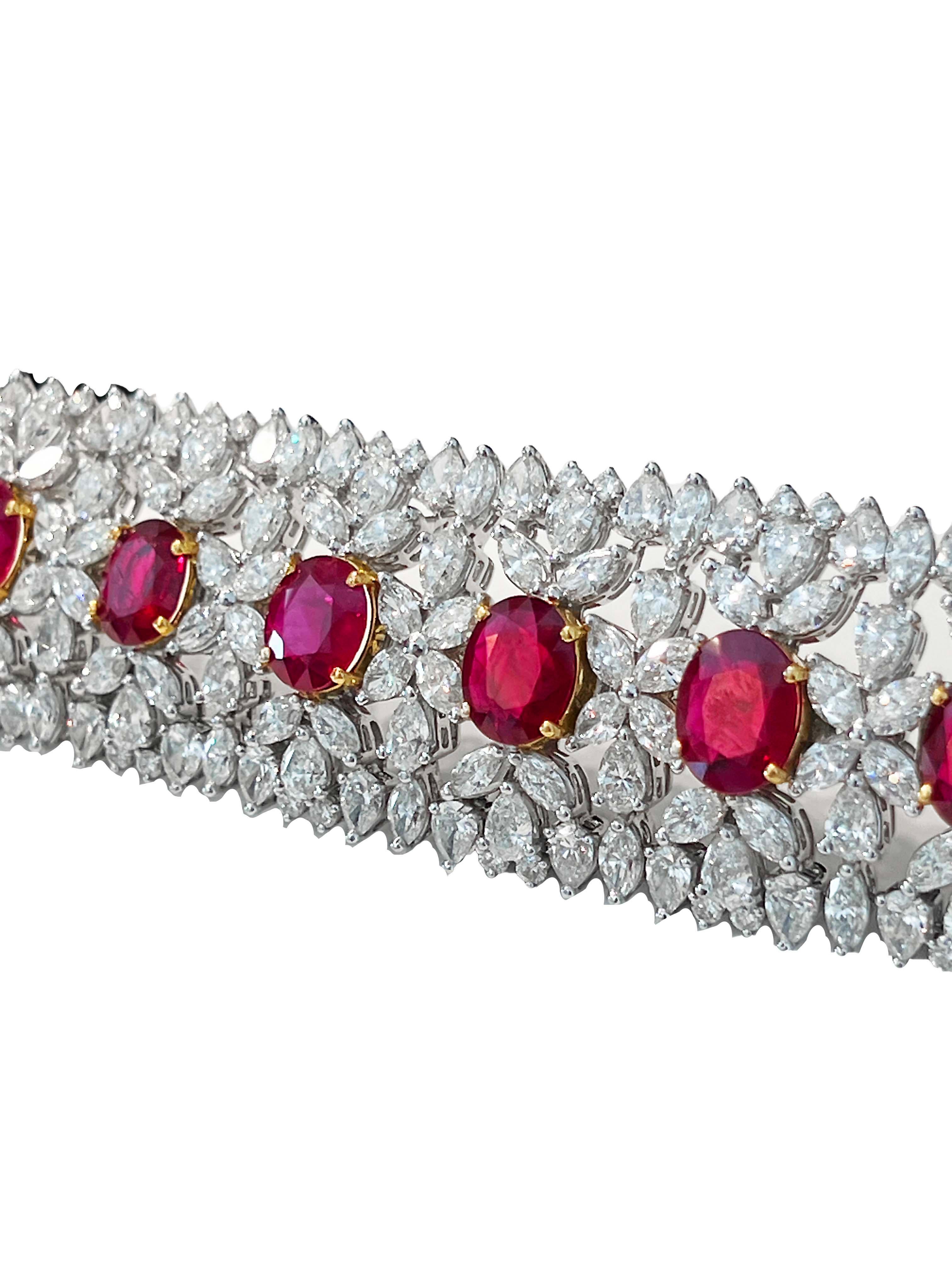 Contemporary AGL Certified 35 Carat Ruby and Diamond Statement Bracelet For Sale