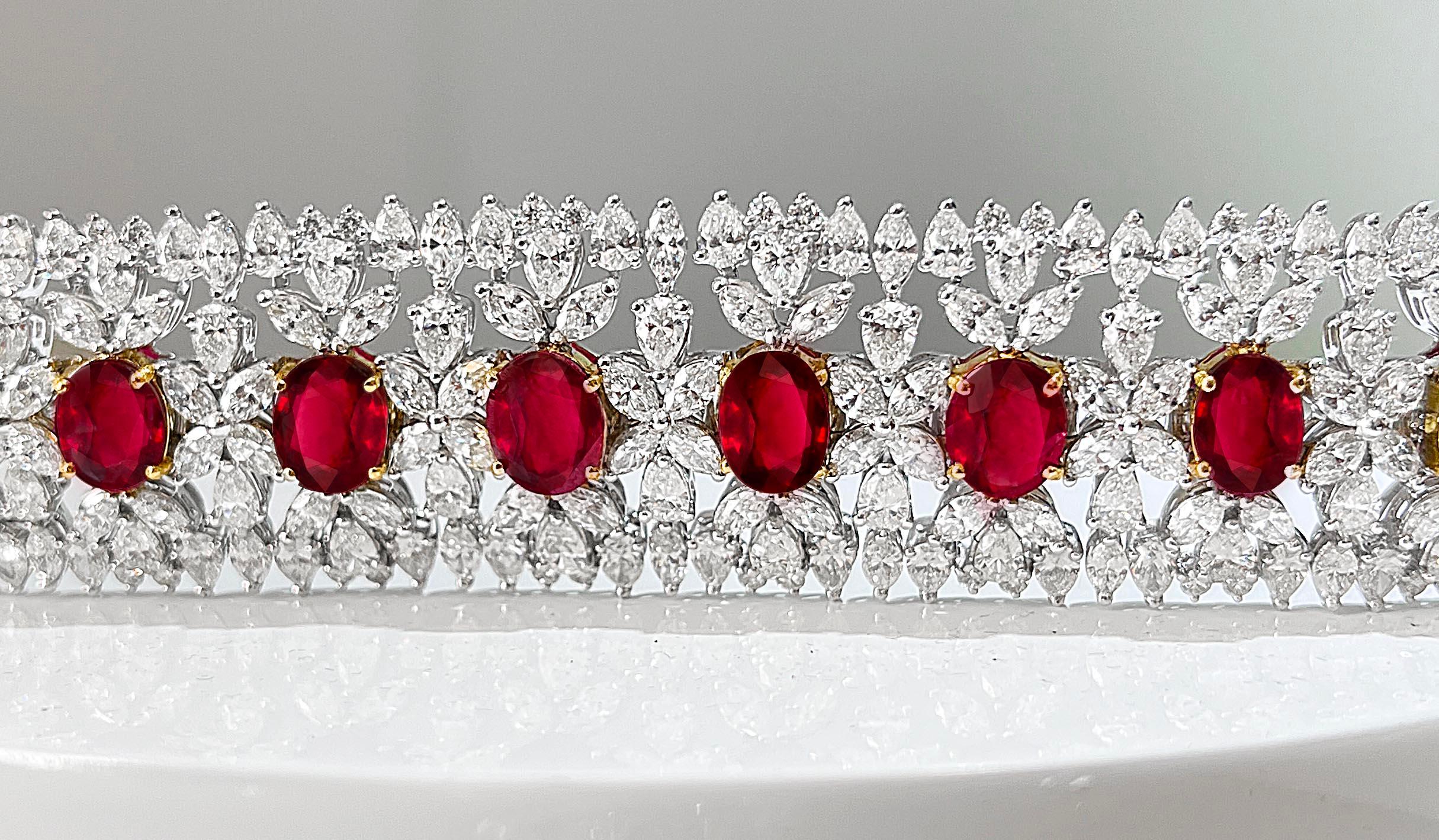 Oval Cut AGL Certified 35 Carat Ruby and Diamond Statement Bracelet For Sale