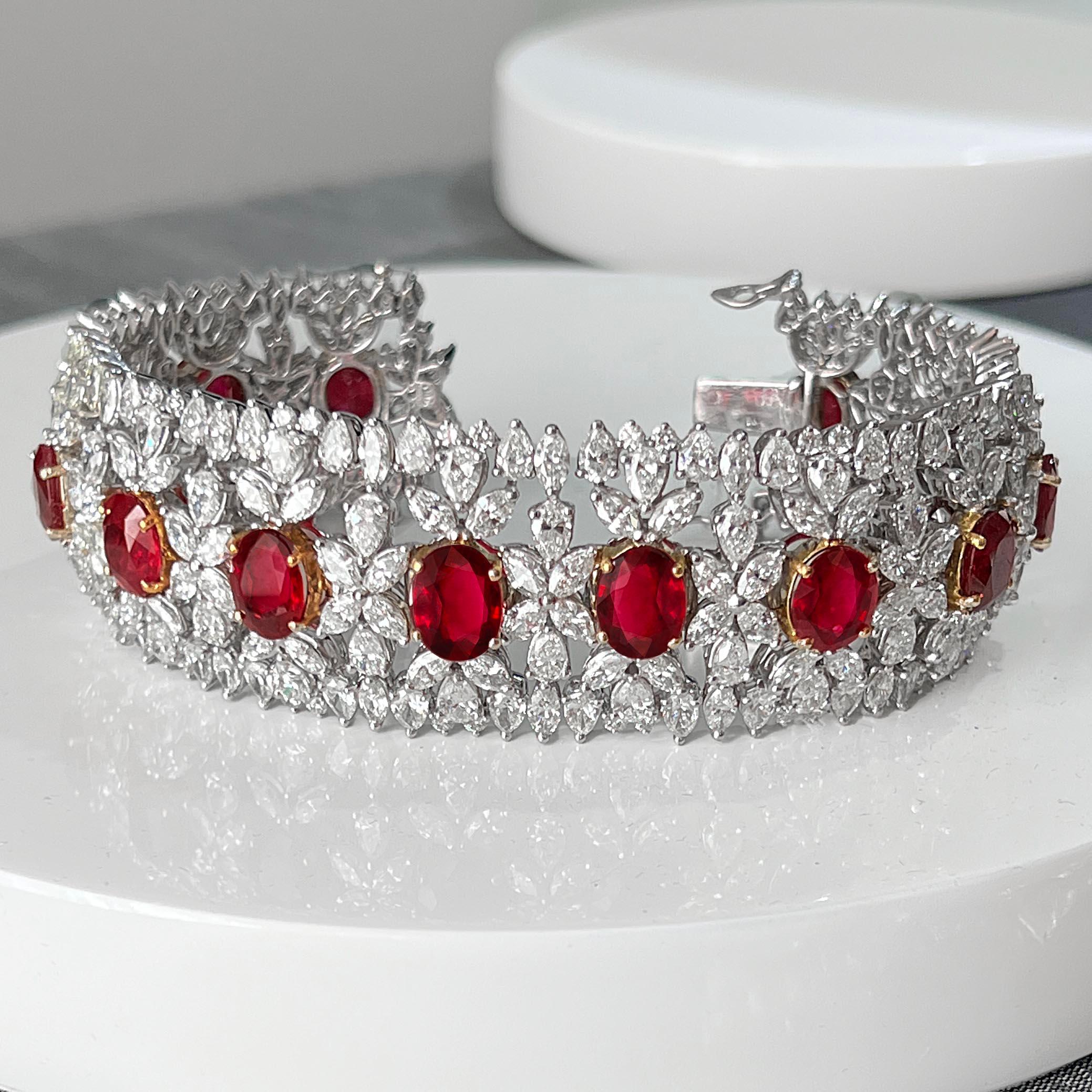 AGL Certified 35 Carat Ruby and Diamond Statement Bracelet In New Condition For Sale In Beverly Hills, CA