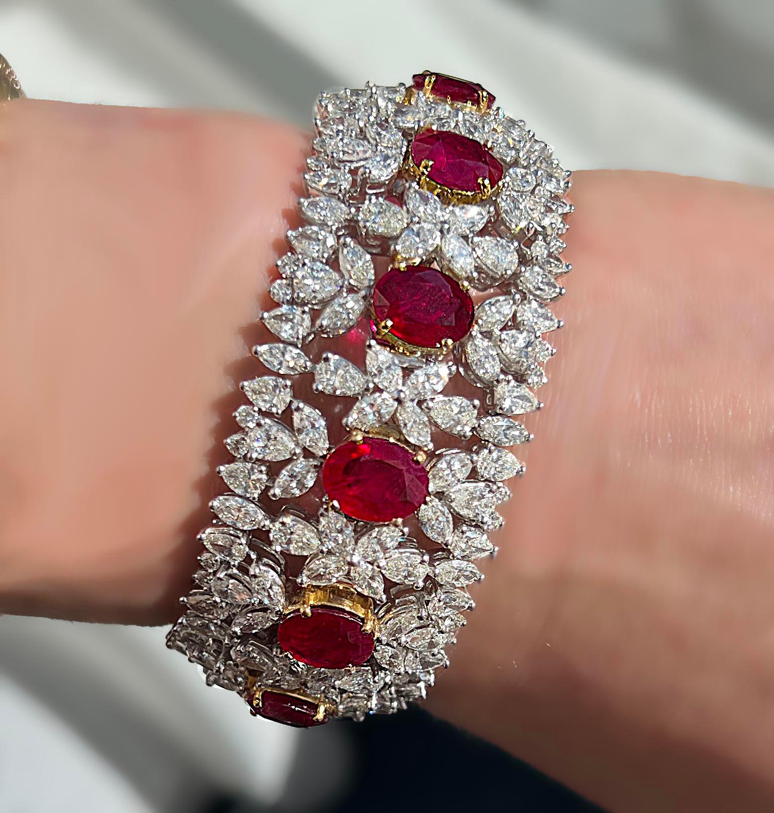 AGL Certified 35 Carat Ruby and Diamond Statement Bracelet For Sale 1