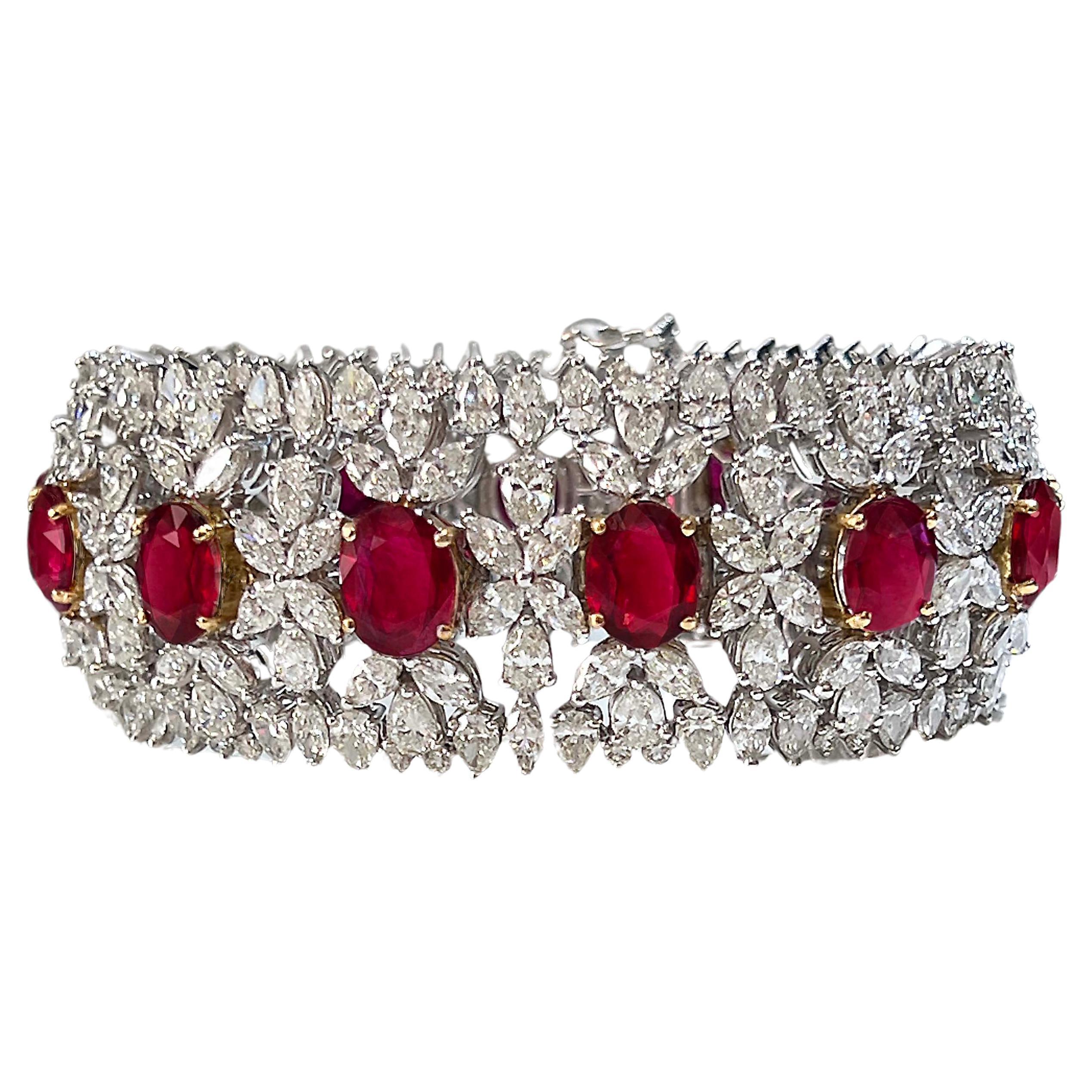 AGL Certified 35 Carat Ruby and Diamond Statement Bracelet For Sale