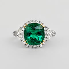 AGL Certified 3.52 Carat Cushion Colombian Emerald & Half Moon Diamond Ring