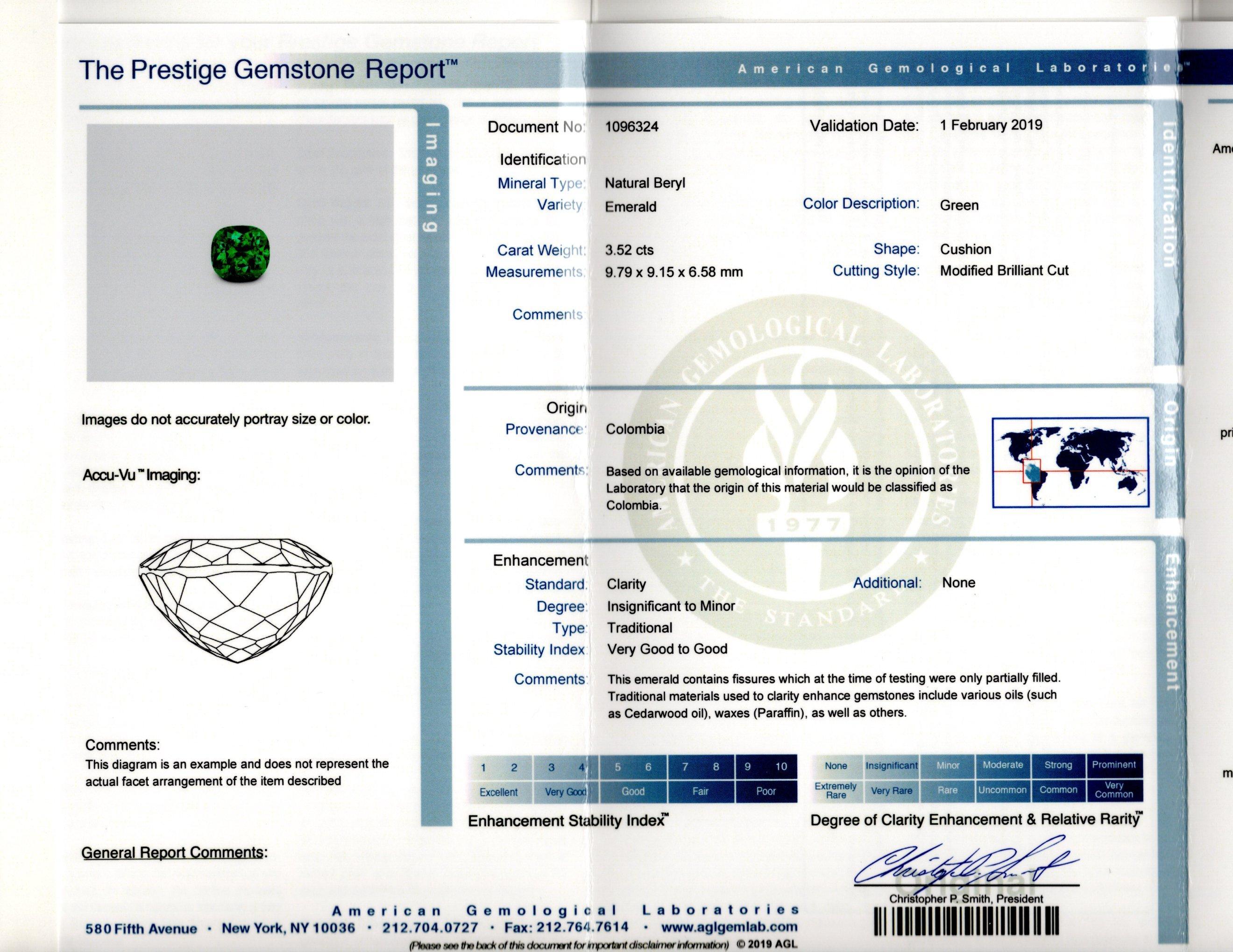 Anello con smeraldo colombiano e diamante a mezza luna certificato AGL da 3,52 carati a cuscino in vendita 2