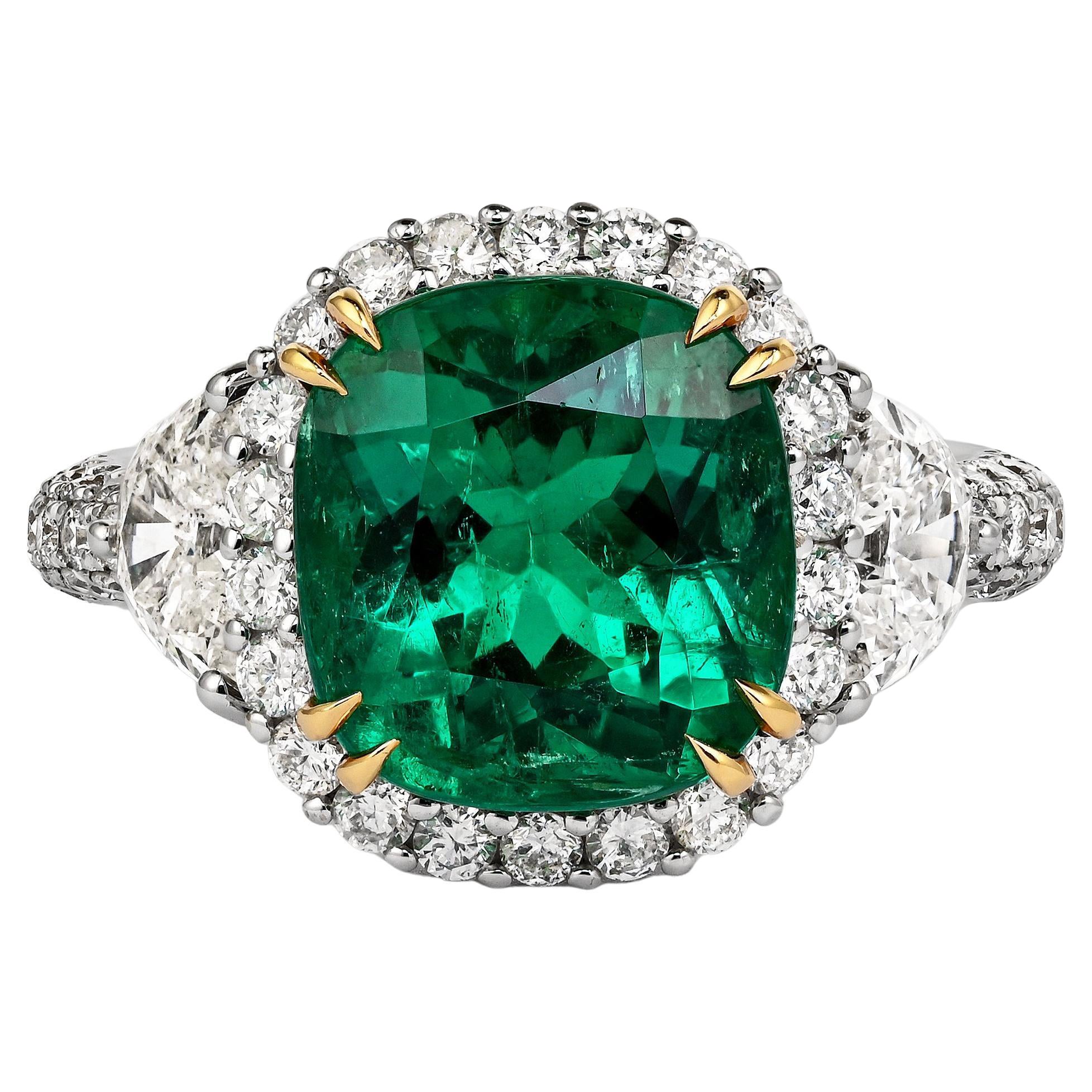 AGL zertifiziert 3,52 Karat Kissen kolumbianischen Smaragd & Halbmond Diamant Ring