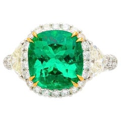 AGL Certified 3.52 Carat Cushion Colombian Emerald & Half Moon Diamond Ring